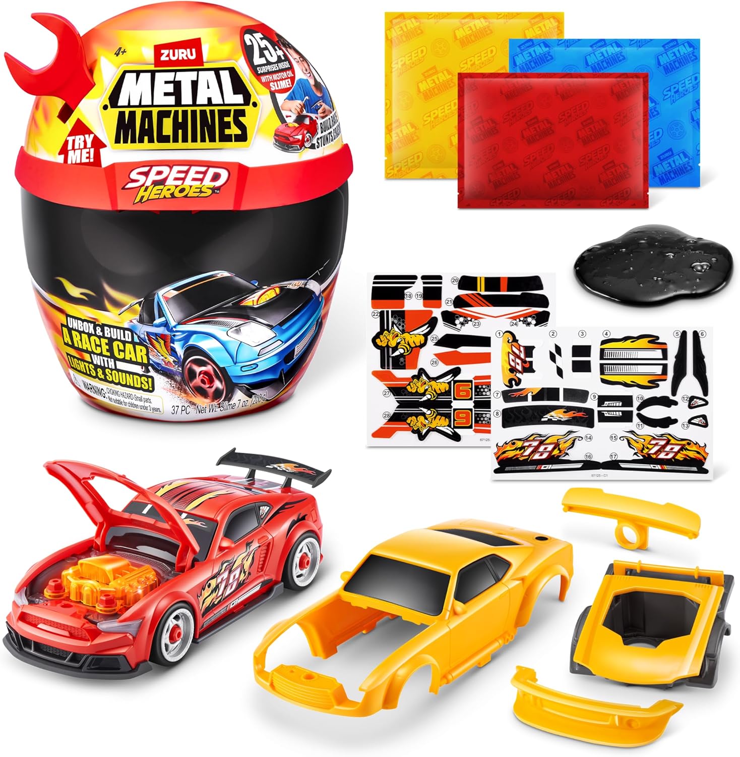 Metal Machines Speed Heroes (Red) by Zuru, 20+ Surprises, Build your own Car, Two Bodies, Lights & Sounds