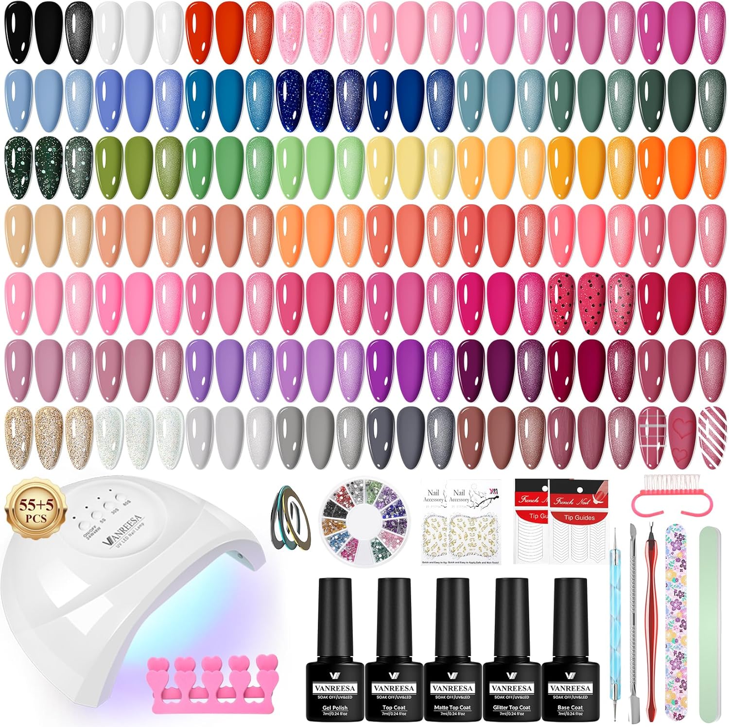 VANREESA Gel Nail Polish Set, 77 PCS Gel Nail Kit with U V Lamp 55 Colours White Nude Pink Gels Polish Set with Base and Top Coat Manicure Tools Nail Salon Sets DIY at home Gifts for Women