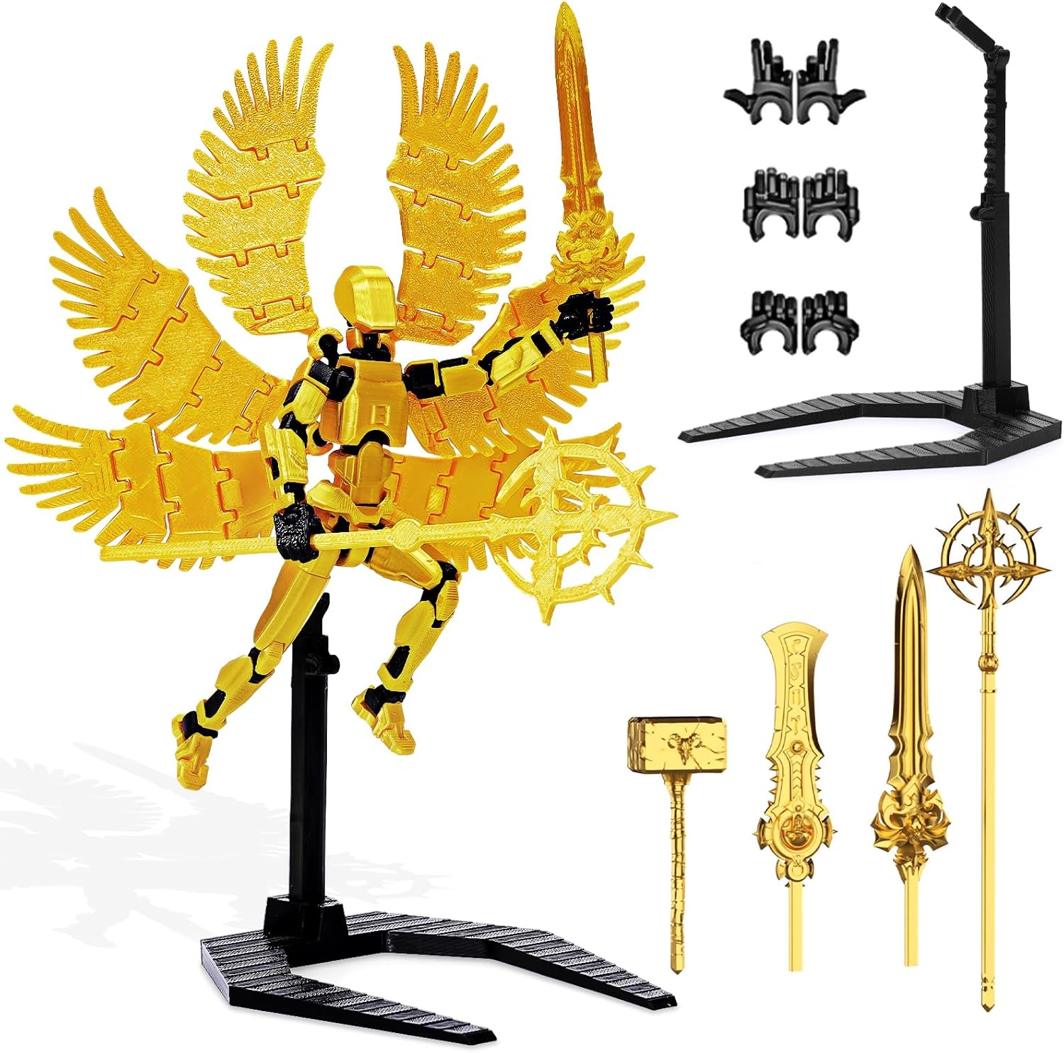 Starnearby T13 Action Figure, Assembly Completed 13CM 3D Printed Lucky 13 Titan 13 Action Figure with Wings 4 Weapons & 6 Hands Sets, Dummy 13 Multi-Jointed Movable Robot 13, Home Desk Decoration