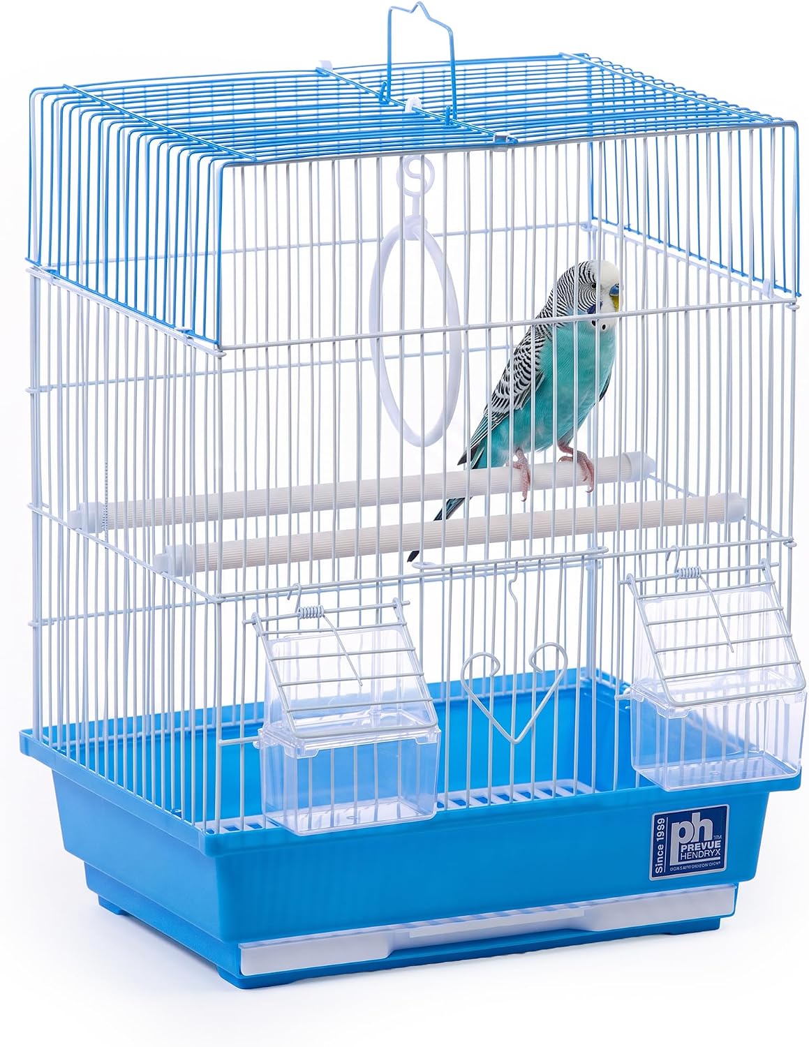 Prevue Pet Products Flat Top Economy Parakeet and Small Bird Travel Cage with White Wire, Blue Plastic Base with Removable Tray