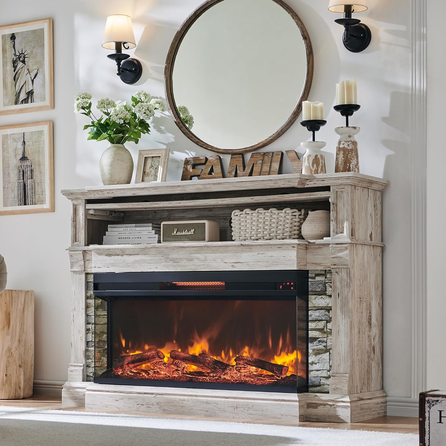 RedLemon 3-Sided Glass Fireplace TV Stand for TVs up to 65'', 52'' Electric Fireplace with Mantel, 36'' Tall Highboy Farmhouse Entertainment Center with Storage for Living Room, Antique Brush White