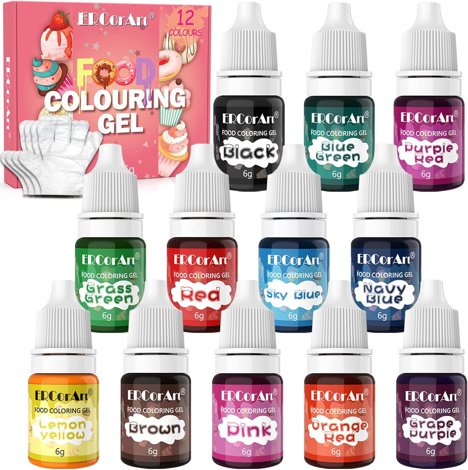 12 Colours Gel Food Colouring - Icing Gel Colours Set with Gloves, Food Colouring for Cake Decorating, Baking, Macarons, Buttercream, Easter Eggs and DIY Crafts -Vegan, Non Gluten (6 g Each)