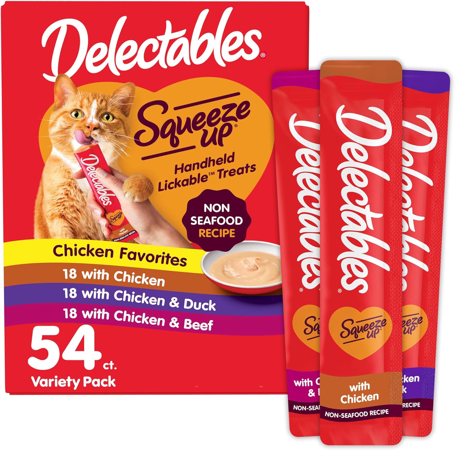 Delectables Squeeze Up Non-Seafood Variety Pack, Creamy Squeezable Puree, Lickable Wet Cat Treats, Grain Free, No Added Fillers, No By-Products, No Added Preservatives, 0.5 Ounces Tube, 54 Tubes Total