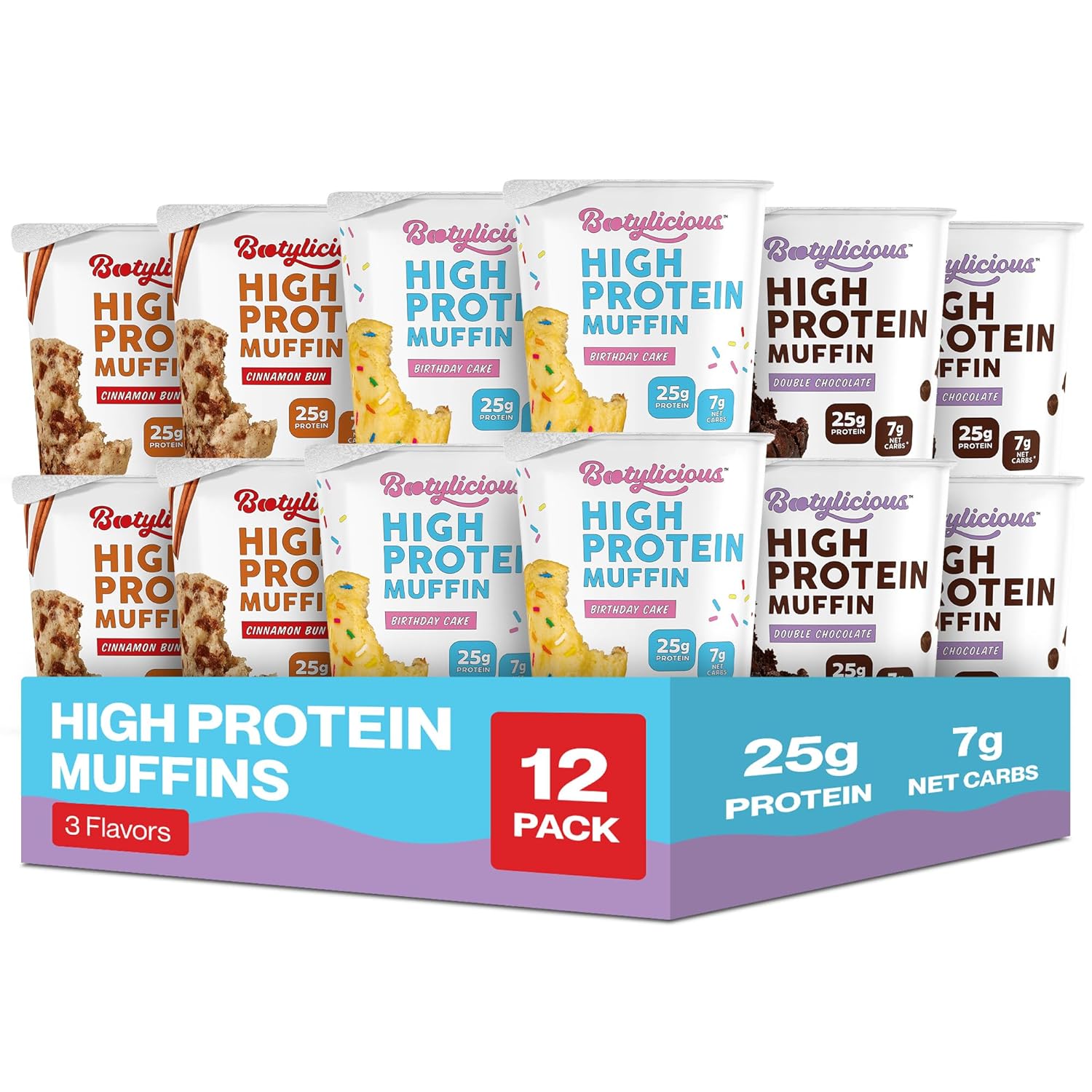 Bootylicious | 25g Protein Muffin | Best Sellers | Low Carb, 16g-18g Fiber, Low Glycimic Index, Low Sugar, 2.32-2.75oz Cup, 12-Pack