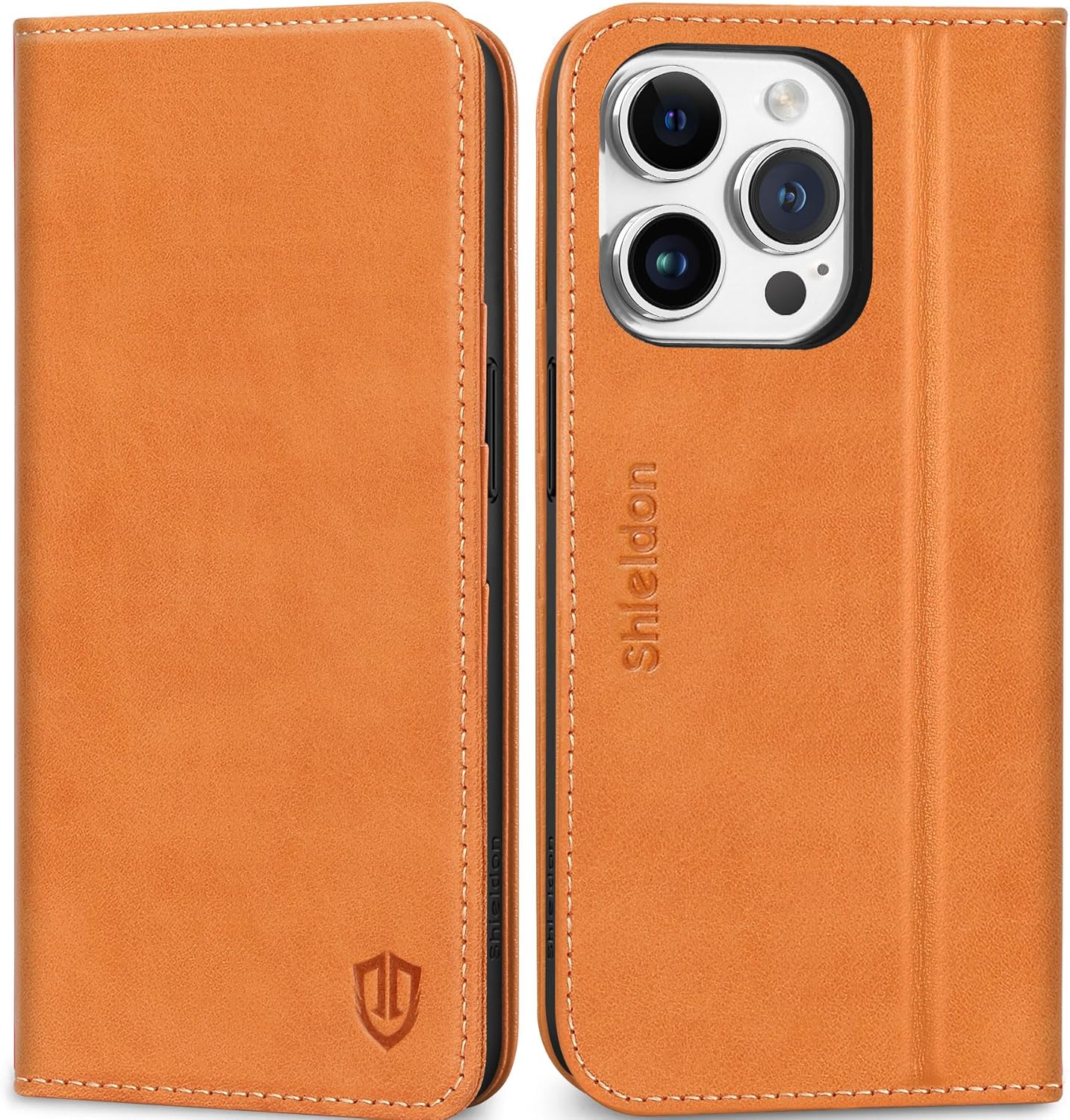 SHIELDON Case for iPhone 15 Pro, Genuine Leather Wallet Case Magnetic RFID Blocking Card Holder Kickstand Shockproof Phone Cover Men Women Compatible with iPhone 15 Pro 6.1" - Brown