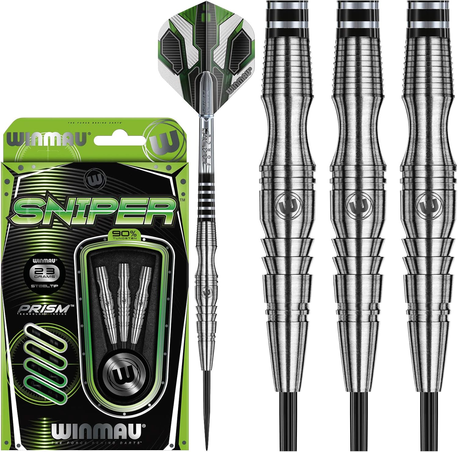 Winmau Sniper 90% Tungsten Darts with Prism Flights and Shafts (Stems) Steel and Soft Tips