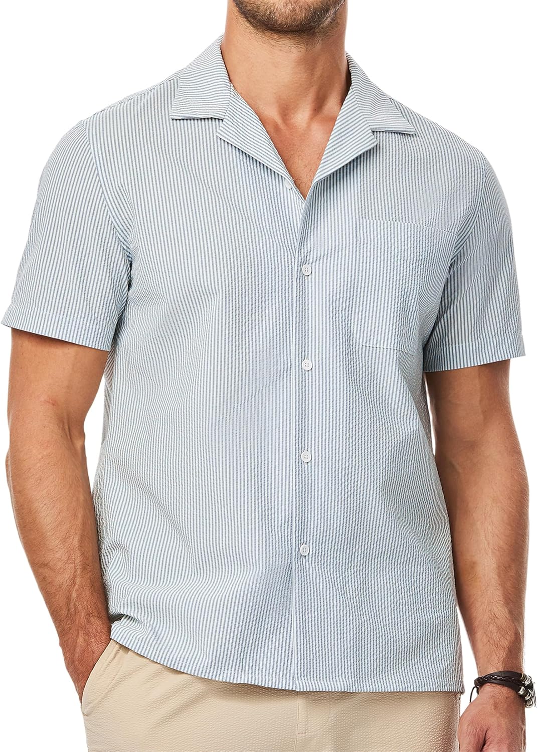 JMIERR Men's Seersucker Shirts Short Sleeve Casual Shirts Button Down Shirt Beach Summer Vacation Wedding Shirt