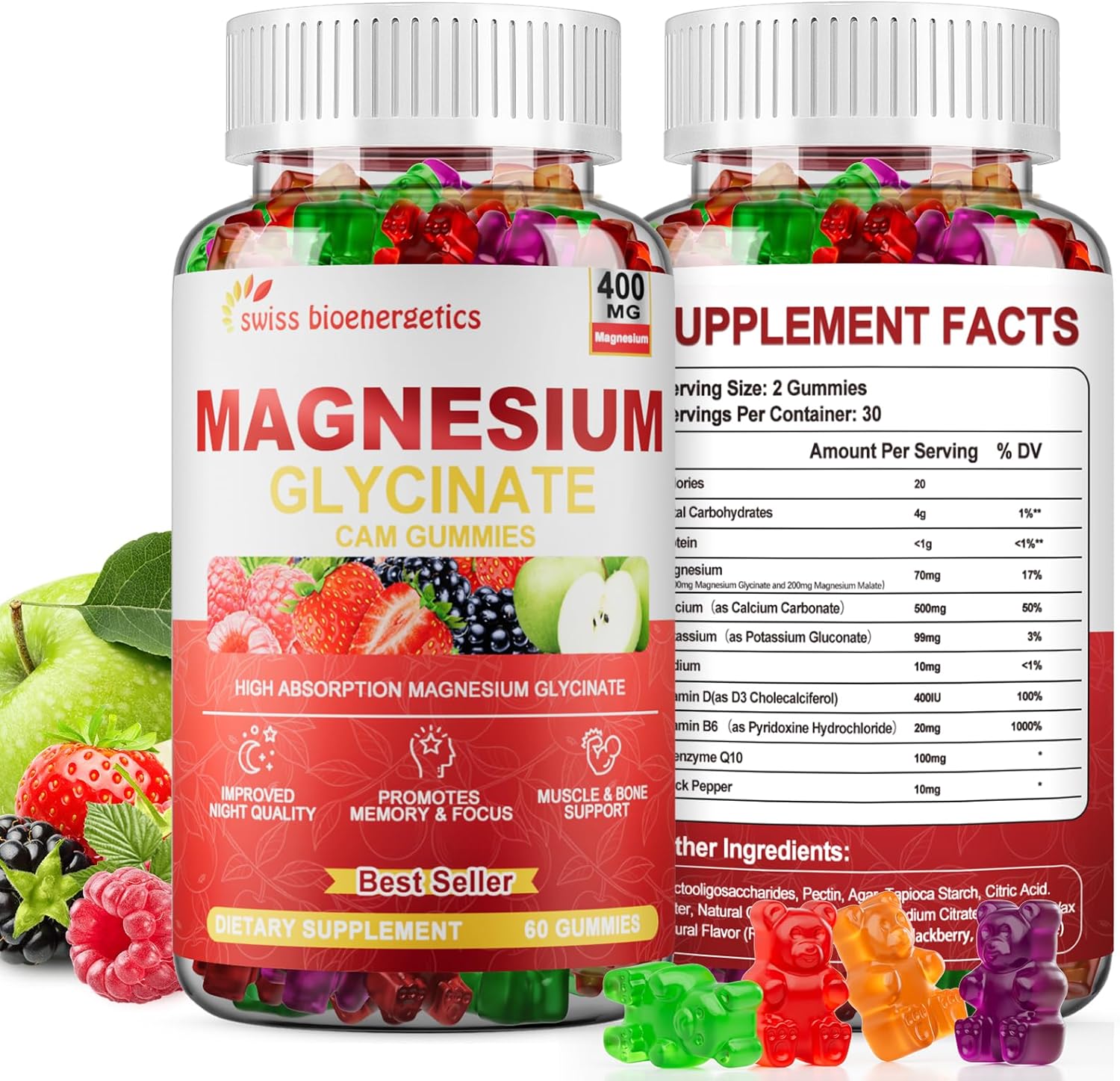 (2 Pack) Magnesium Glycinate 400mg Gummies for Women & Men - Calcium Supplement with Magnesium Malate, B6, Zinc, Vitamin D, CoQ10 - Non GMO, Sugar Free for Vegan (Multi-Flavor)