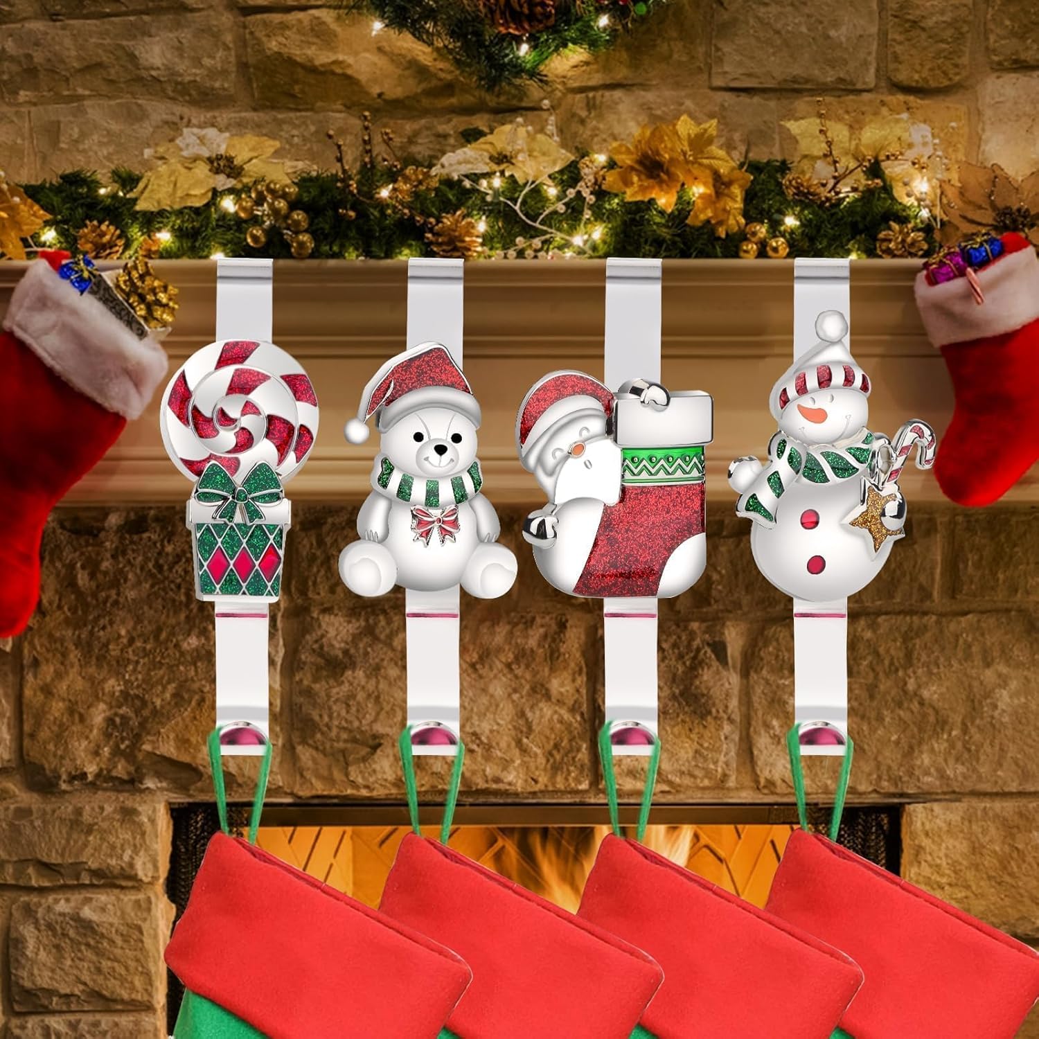 EBANKU 4PCS Christmas Stocking Hangers for Fireplace,4 Silver Styles Stocking Holders for Mantle Non-Slip Sturdy Mantel Stocking Hooks for Christmas Home Shelves Decoration Gifts