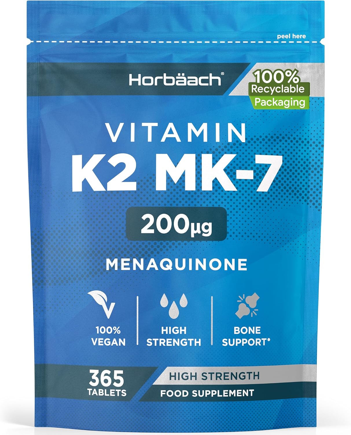 Vitamin K2 MK7 200ug | 365 Vegan Tablets | High Strength Menaquinone MK-7 | Supports Bone Health | No Artificial Preservatives | by Horbaach