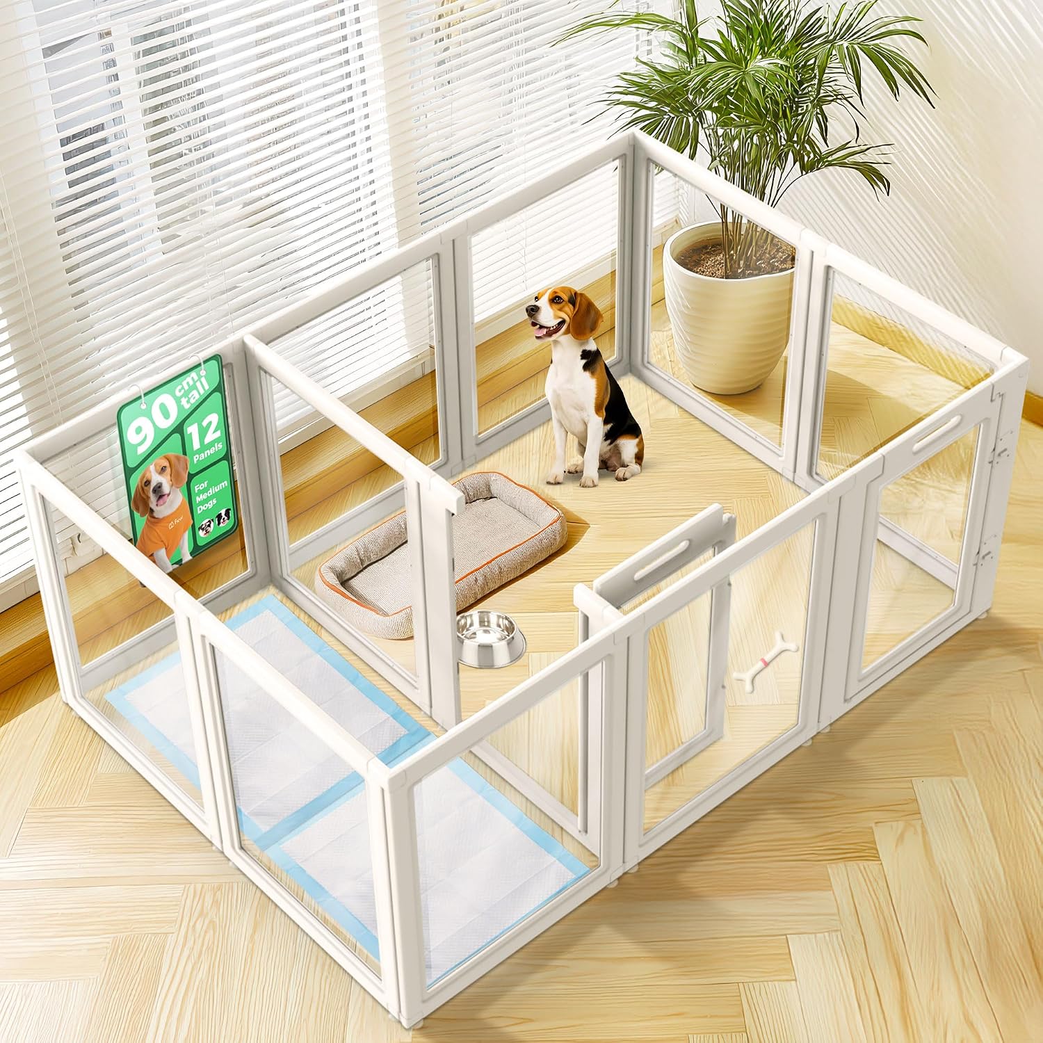 FXW AuraSpace Clear Acrylic Indoor Dog Playpen, 90cm(H), 12 Panels, White | Open View, Modern Home Fit, No Climbing Bars, Tool-Free Setup, For Medium Dogs