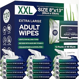 Adult Wipes For Elderly - 8"x13" 720ct (12 Packs of 60) Huge & Super Soft Body Wipes for Adults Bathing No-Rinse - Thick Incontinence Disposable Washcloths, Vitamin E & Aloe Infused Shower Wipes.