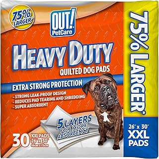 OUT! Petcare XXL Dog Training Pads, Heavy Duty Dog Pee Pads XXL, Jumbo Puppy Pads, Wee Wee Pads for Dogs and Puppies, Dog House Training, Leak Proof, Safe, Disposable, 26"x30", 30 Ct