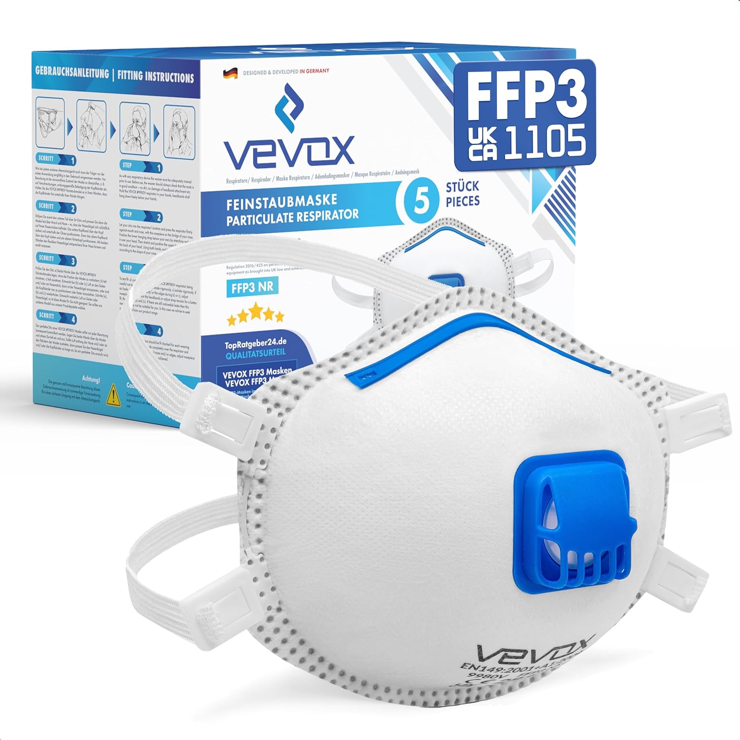 VEVOX® FFP3 Dust Mask - Set of 5 - Valved Face Masks - Respirator - Protection e.g. for Construction, Sanding, Spray Painting, Cleaning, Mould, Fine Dusts or Asbestos Particles