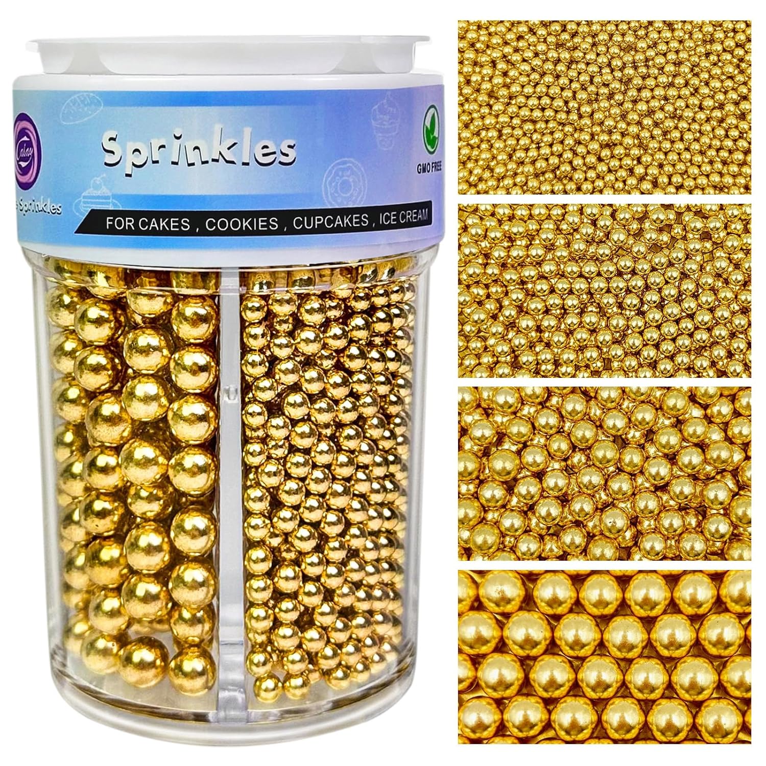 Gold Sprinkles for Cake Decorating, 4 Sizes Pearl Sprinkles Mix 7.8Oz for Cake Cupcake Ice Cream Donuts Cookie Baking Toppings