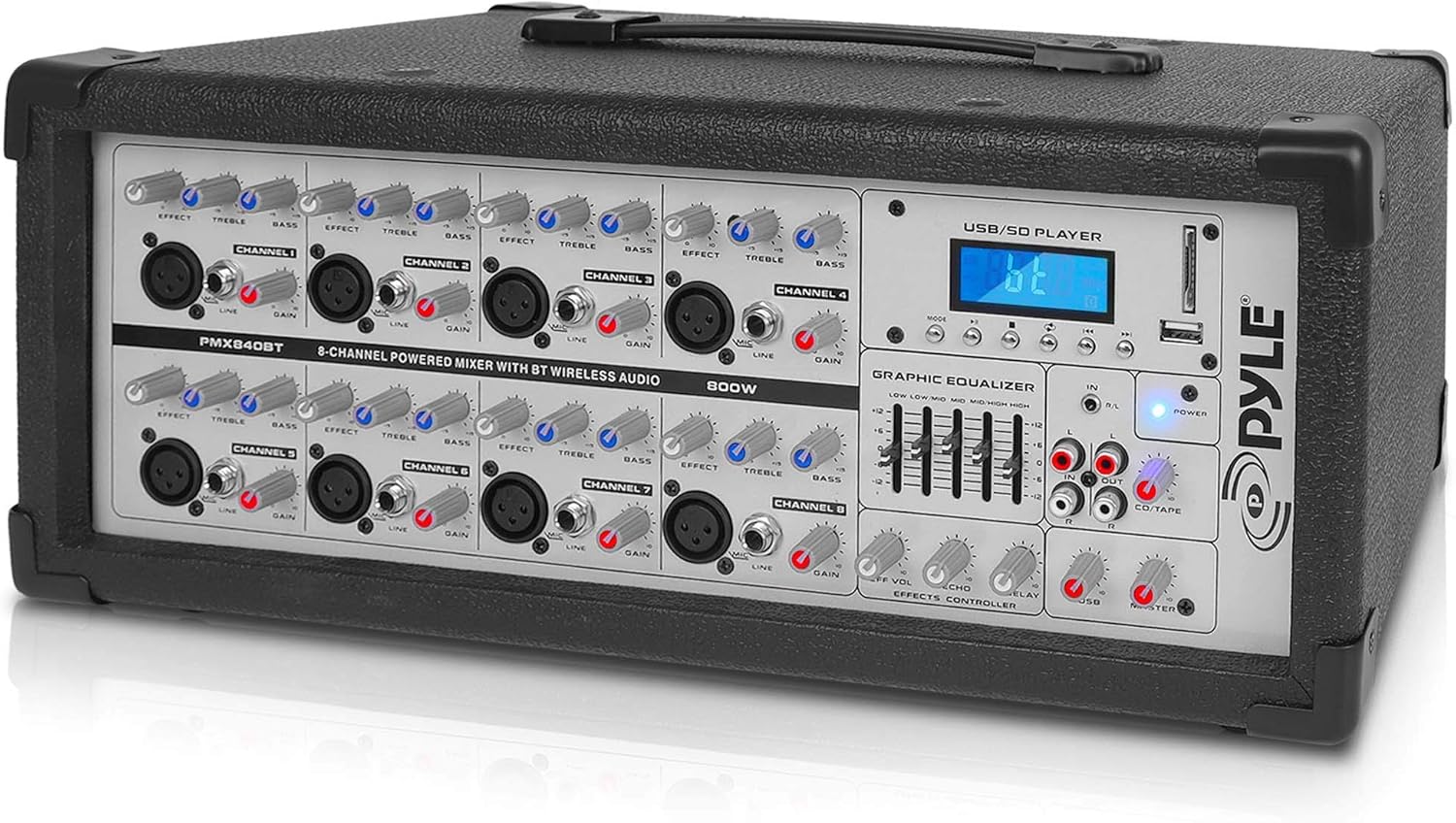 PyleUsa 8 Channel Bluetooth Stage Powered Mixer, 800 Watt Pro Audio Sound Mixer, MP3 USB SD Readers, Aux Input, Digital LCD Display, Built in Cooling Fan