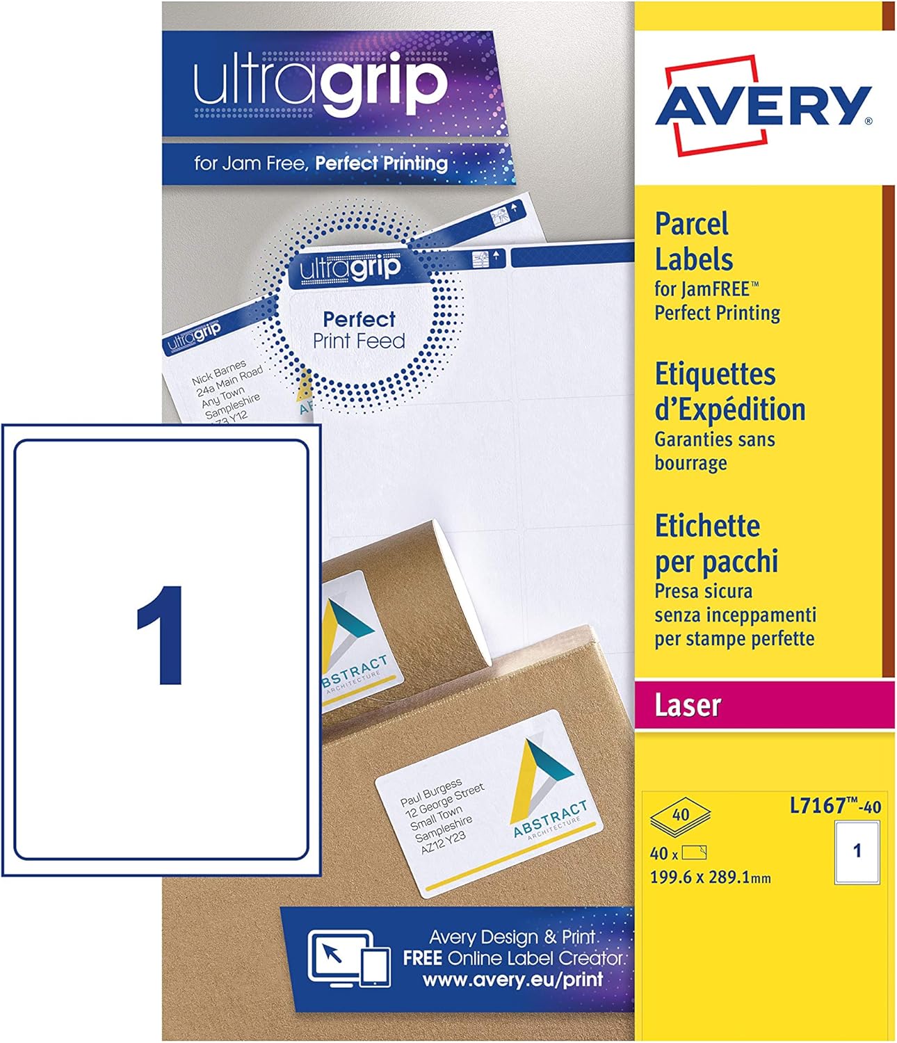 Avery JamFREE, Printable, Parcel Labels, Customisable, 199.6 x 289.1 mm, White, 1 Label per Sheet, 40 Blank Labels per Pack (L7167-40)