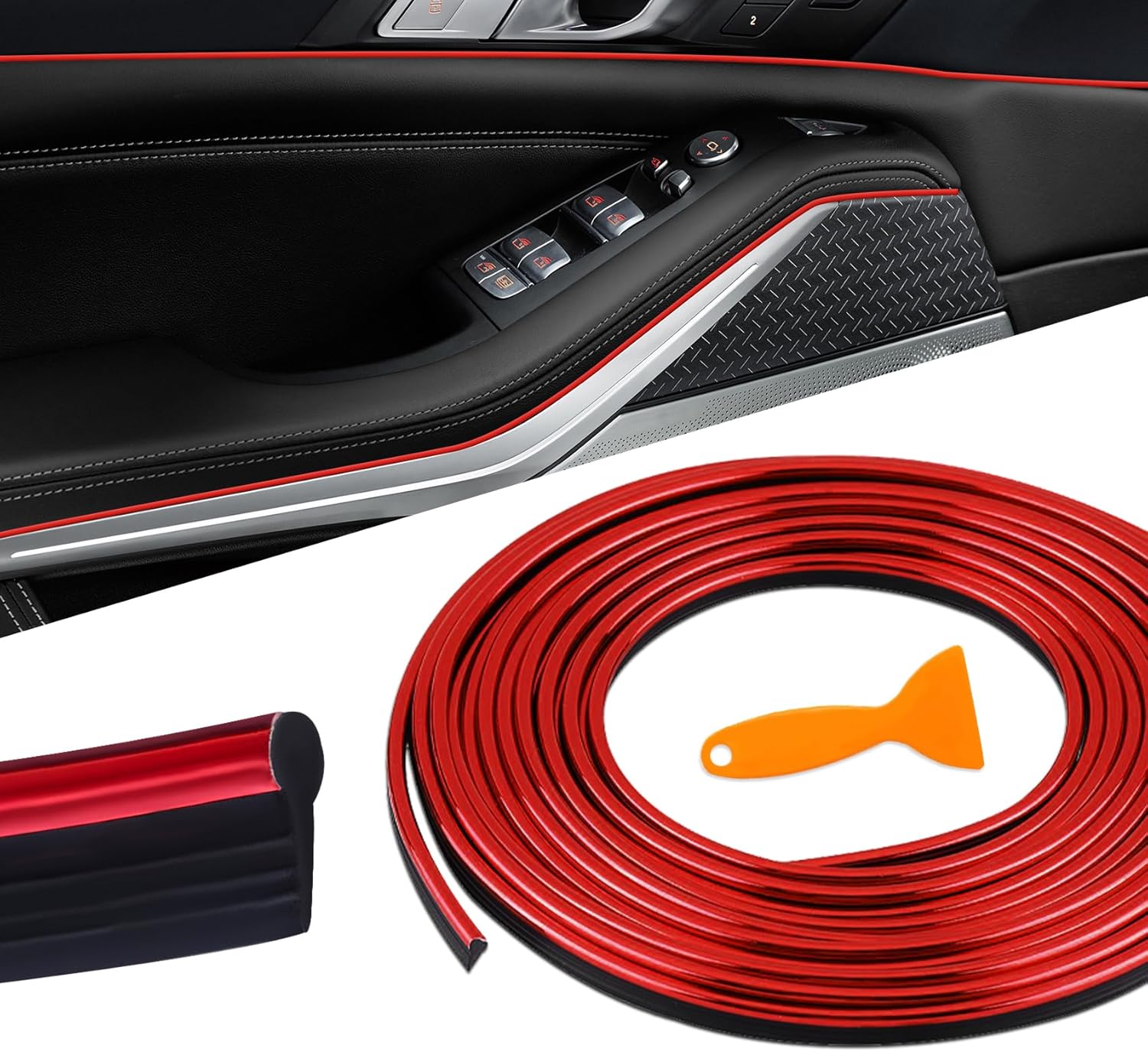 Car Interior Moulding Trim Strips, 33Ft/10M Universal Electroplating Decoration Filler Insert Strips, Styling Dashboard DIY Flexible Strip, Car Interior Trim Accessories with Installing Tool (Red)