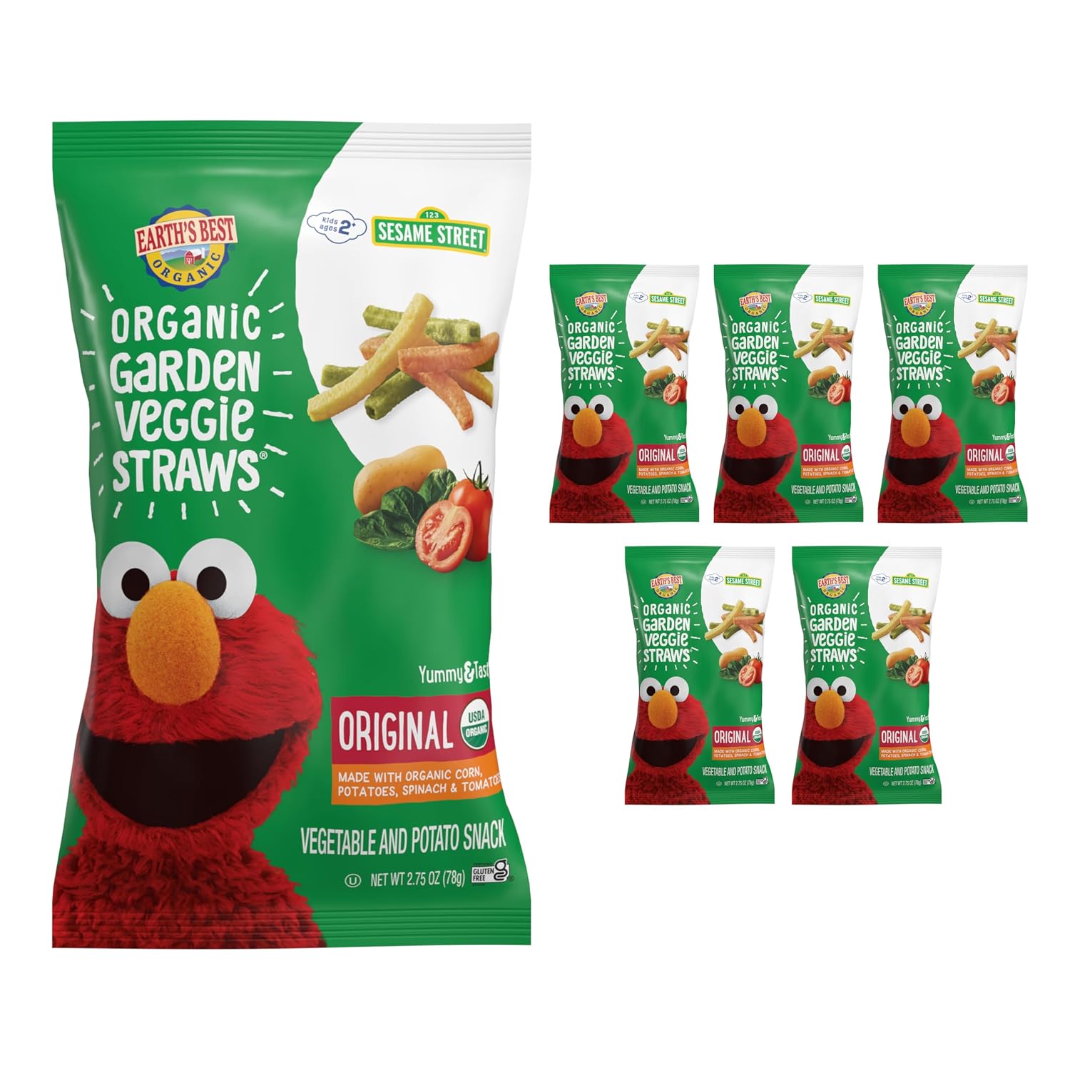 Earth's Best Organic Garden Veggie Straws for Toddlers 2 Years Old and Up, Original Flavor, 2.75 Ounce Bag (Pack of 6)