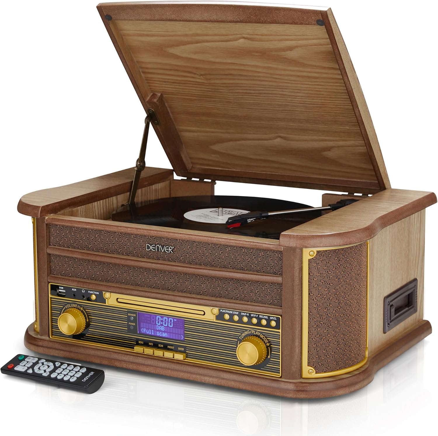 Denver 9-in-1 Retro Vintage DAB Bluetooth Wooden Radio Record Player With Speakers – DAB+ Radio, FM, Record Player, Cassette & CD Player, AUX IN, MP3 USB Recording, AUX IN And Line Out - MRD-51BT