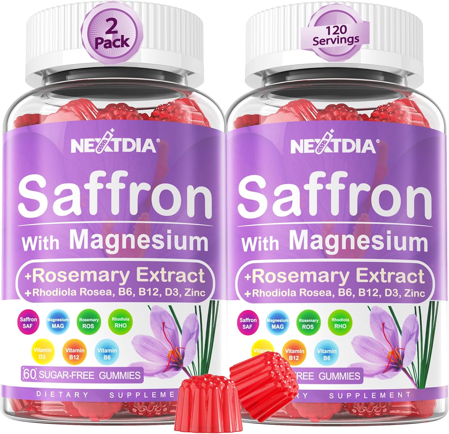 Saffron Supplements Gummies - 4 Months Supply - Saffron Extract 177mg 88.5mg, w/Magnesium Glycinate 400mg 200mg, Rhodiola Rosea, Rosemary, B6 B12 D3 for Calm, Nerve, Rest, Focus, Sugar-Free, 2 Pack