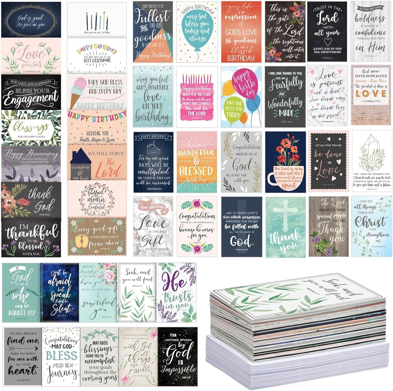 48-Pack Greeting Cards Assortment Box with Envelopes - 4x6 All Occasion Blank Christian Note Cards for Birthday, Thank You, Wedding - Assorted Religious Prayer & Scripture Cards