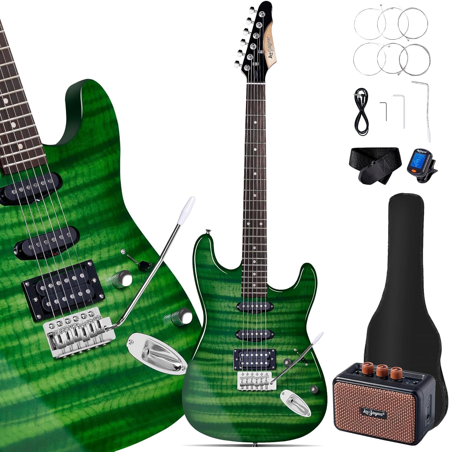 Leo Jaymz 39" Full Size ST Style Electric Guitar Starter Kit with SSH Pickup, 5W Portable Amp, Tuner, Gig Bag, Strap & Accessories (Green Flame)
