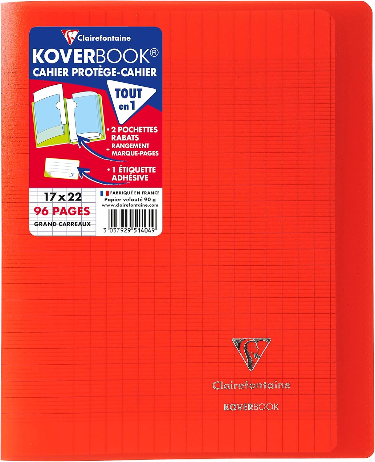 Clairefontaine 951404C - One Red Koverbook Stapled Notebook - Dimensions: 17 cm x 22 cm - 96 Seyes Ruled Pages - White Vellum Paper 90 g - Polypro Cover