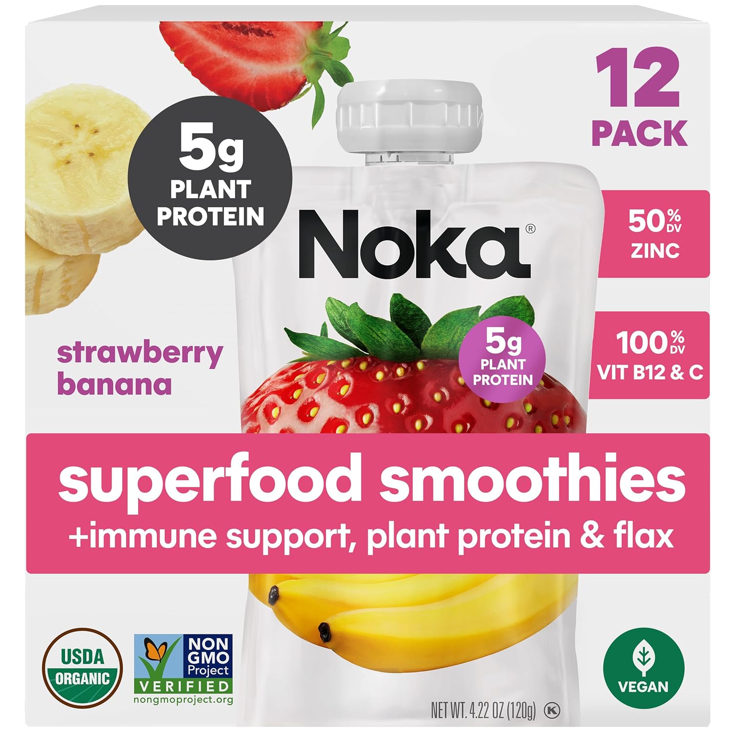 Noka Organic Superfood Fruit Smoothie Pouches, Strawberry Banana with Immune Support, Healthy Snacks with Elderberry, Vitamin C, Flax Seed and Plant Protein, Gluten Free, Vegan, 4.22 oz (12 Pack)