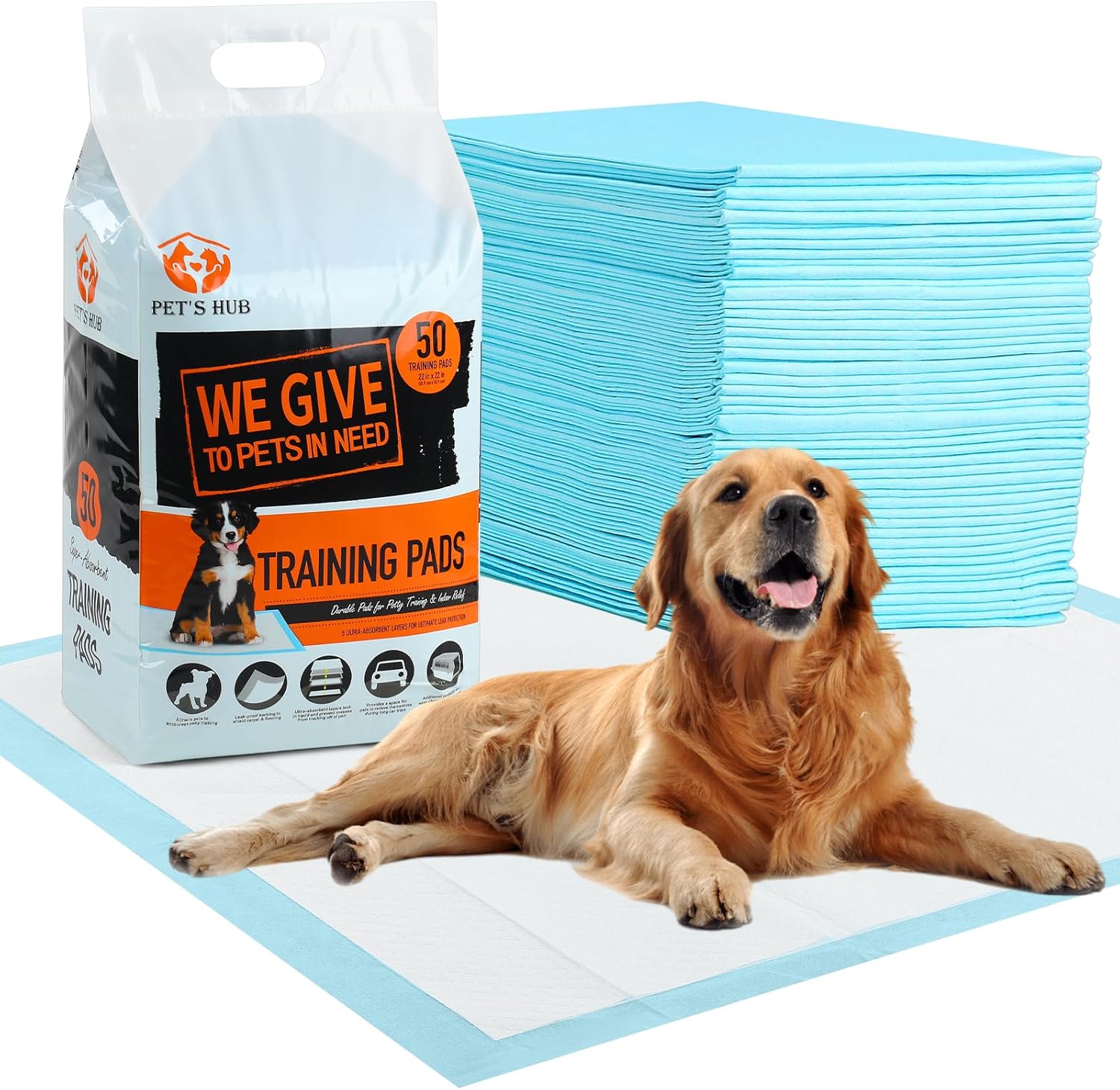 PET'S HUB Dog and Puppy Training Pads 50 Pack, Super-Absorbent Large Training Pads, Leak-Proof Heavy Duty Dog Pads, Anti-Slip and Disposable Puppy Pee Pads (56 x 56 cm) (Pack of 50)