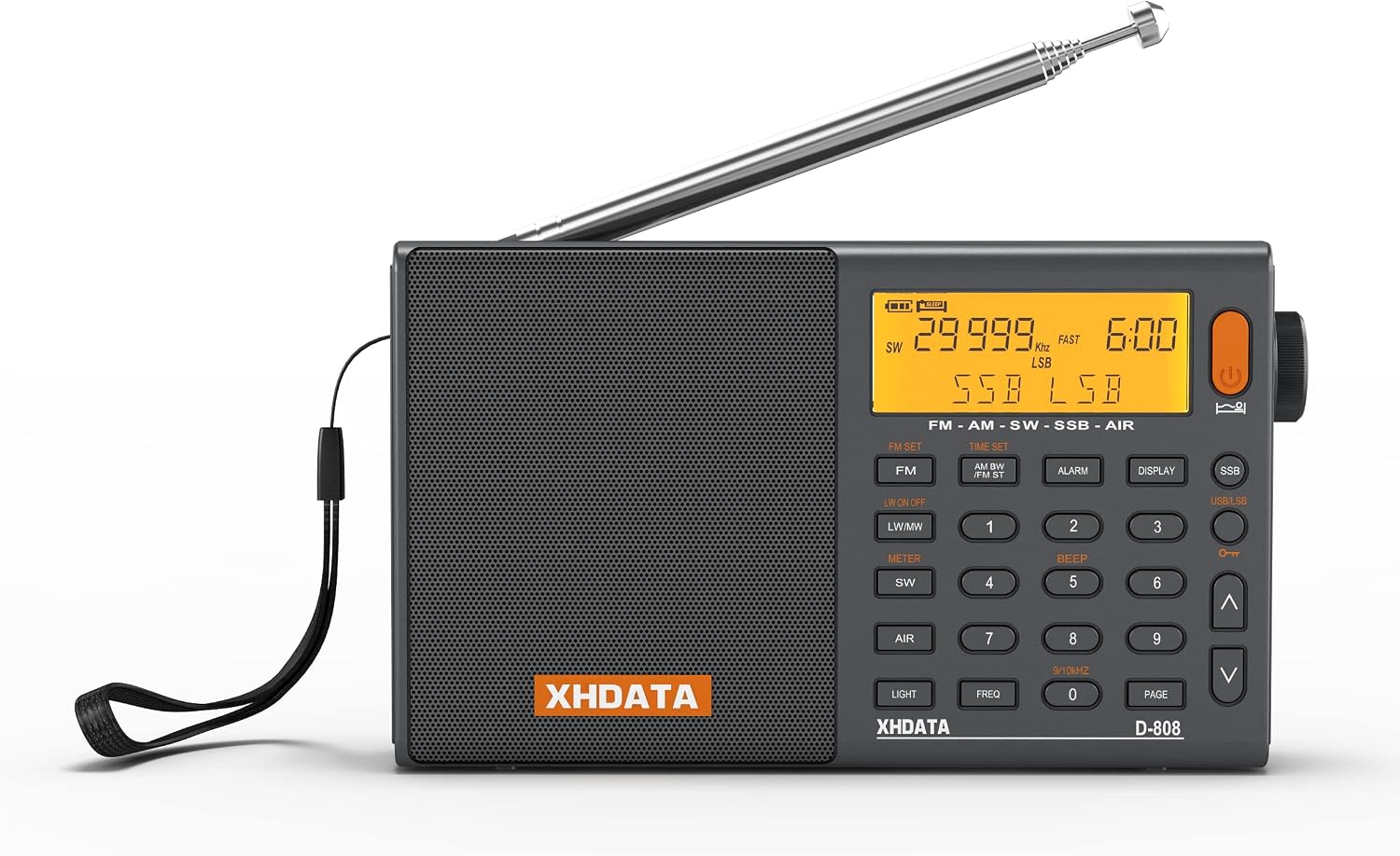 XHDATA D808 Portable AM FM SW LW Air Band Radio SSB RDS Multi Band Radio Speaker with LCD Display Alarm Clock External Antenna (Grey)