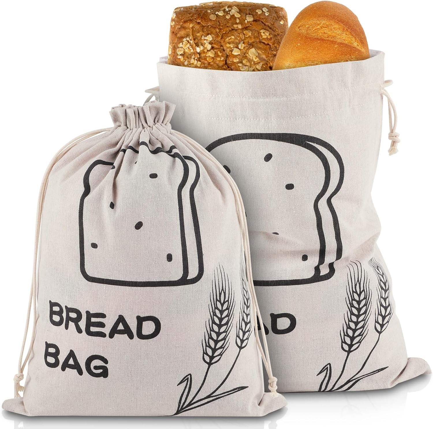 Linen Bread Bags, 2 Pack - Plastic Lined, Reusable Storage With Drawstring (17 13") - Gift Bag for Housewarming, Wedding, Ivory White
