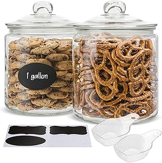 KooK Glass Kitchen Jars, Food & Cookie Storage Containers for Pantry, Bathroom Apothecary Canisters, Airtight Lids, Dishwasher Safe, with Chalk and Labels, 1 Gallon, Set of 2
