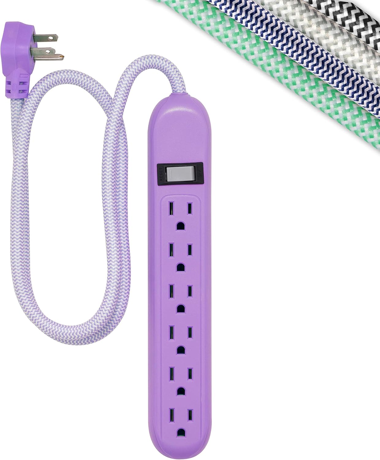 Cordinate 6-Outlet Surge Protector, Power Strip, Flat Plug, Braided Cord, Decorative, 3 ft Power Cord, Wall Mount, Tangle-Free, Warranty, Lavender, 41639