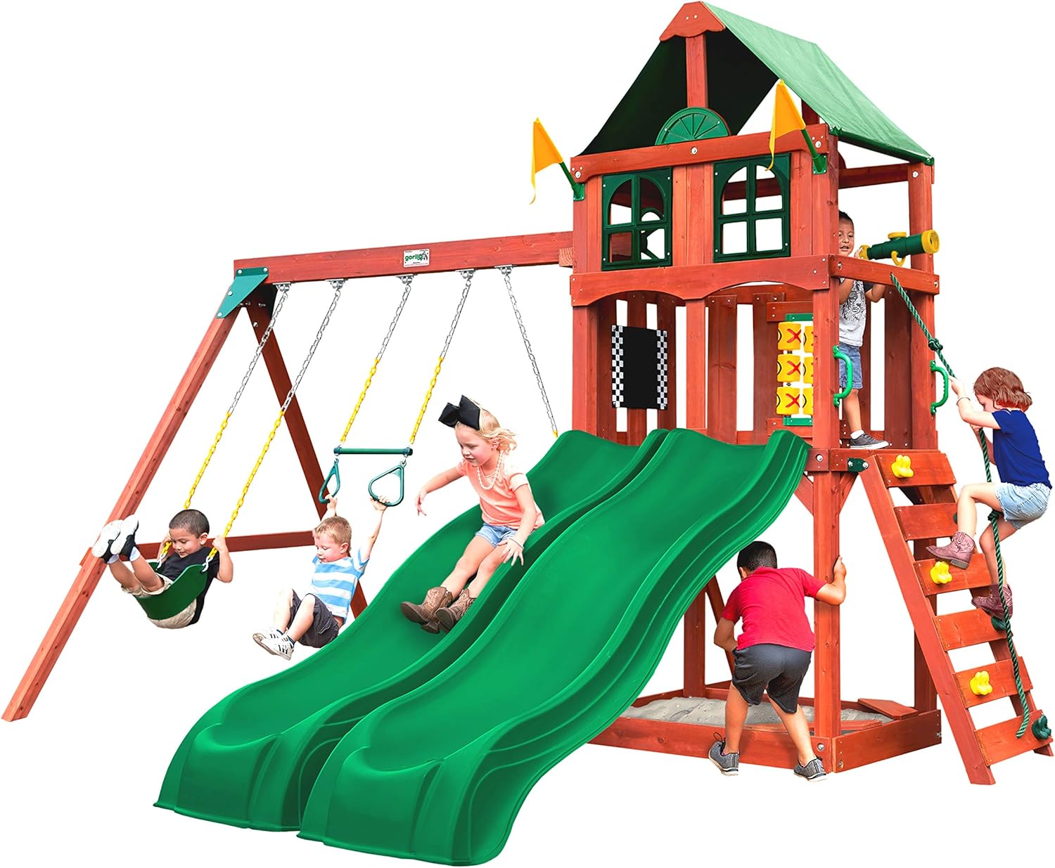 Gorilla Playsets 01-1057 Playmaker Deluxe Wooden Swing Set with Vinyl Canopy Roof, Dual Wave Slides, and Rock Climbing Wall, Redwood Stained Cedar