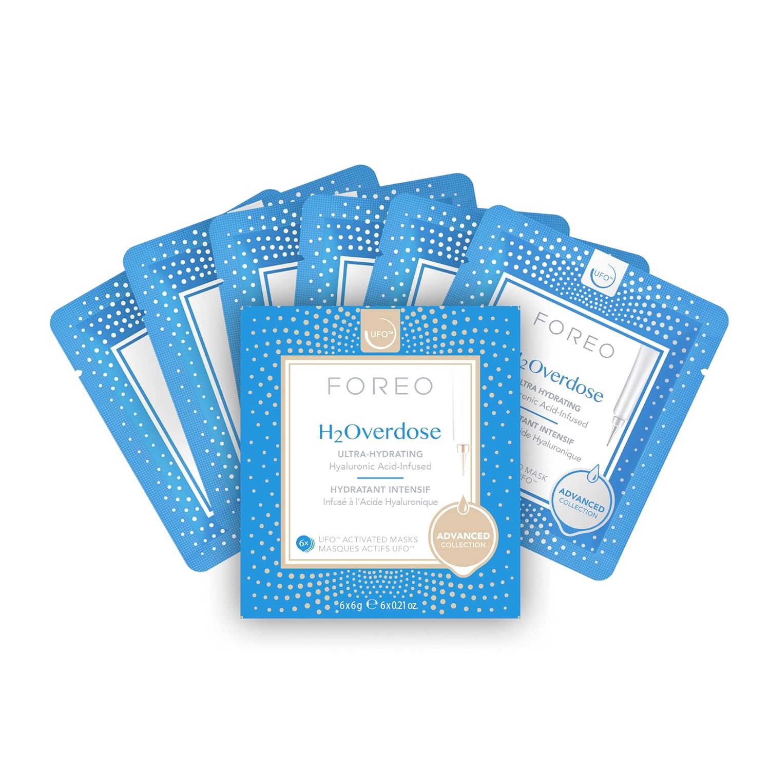 FOREO H2Overdose Advanced Collection 2.0 UFO-Activated Facial Mask - Hydrating Facial - Beauty & Personal Care - Hyaluronic Acid & Vitamin E - For All Skin Types - Dry skin & Flaky Skin - 6 pcs in pack