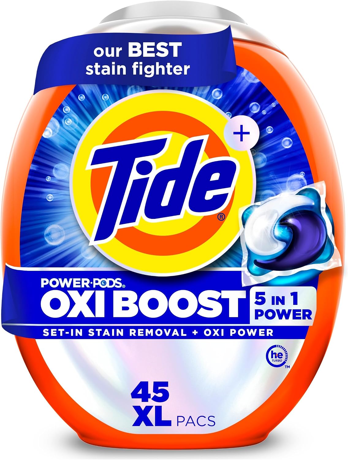 Tide Oxi Boost Power PODS Laundry Detergent Pacs, 45 Count, Set-In Stain Removal + Oxi Power, laundry soap detergent pacs