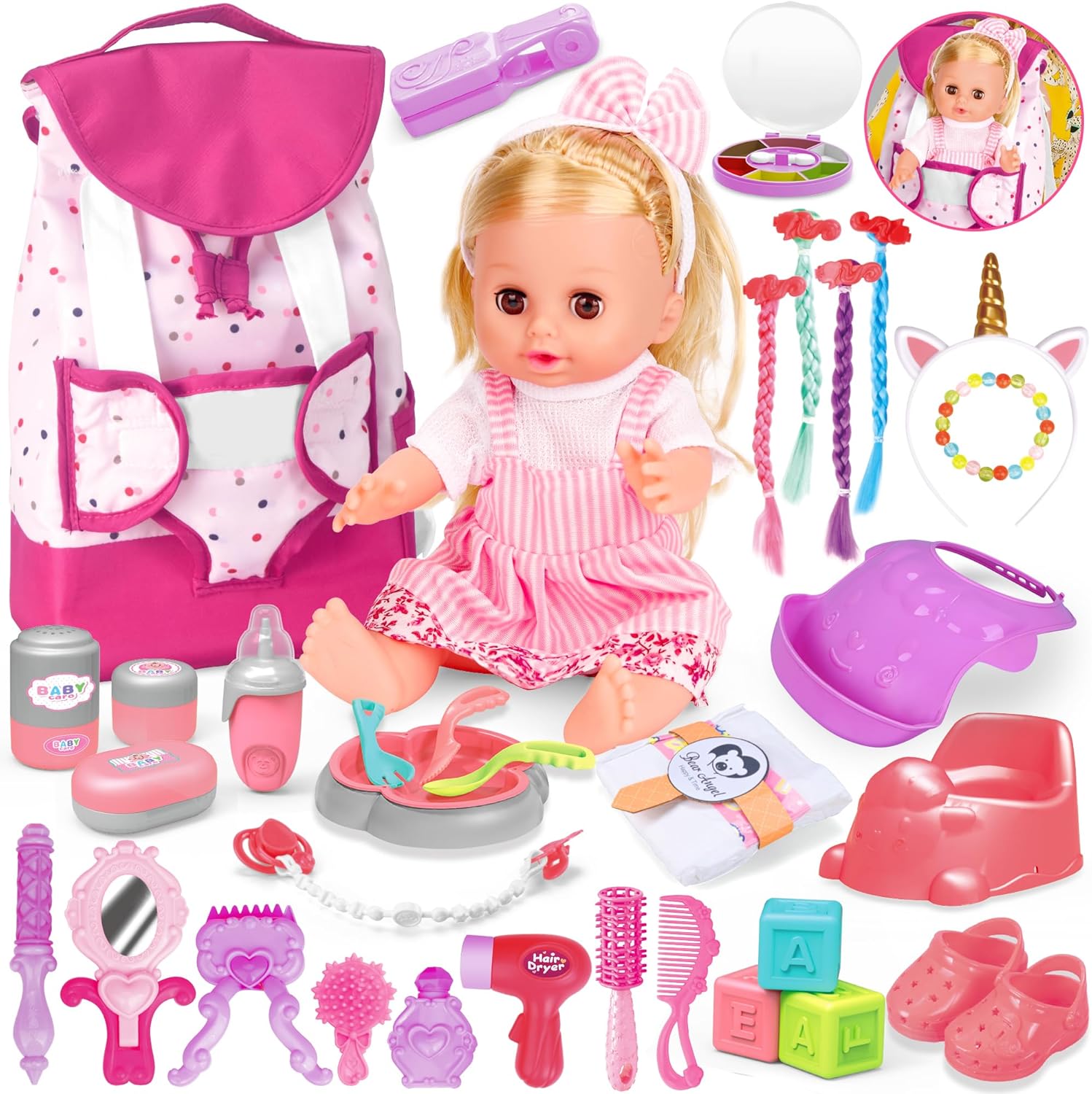 Baby Care & Hair Salon Doll Toy Set, 35PCS Doll Playset, Pretend Play Toddler Doll Toys Incl 14'' Baby Doll Toy, Backpack, Hair Dryer, Hair curler, Xmas Gifts for Age 3 4 5 6+ Years Old Girls Kids