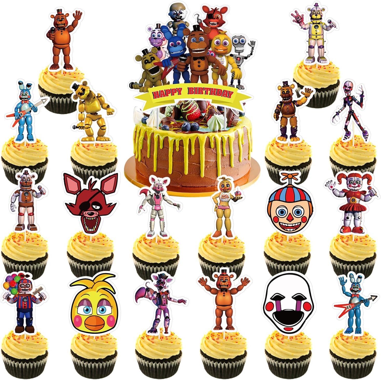 37pcs Five Nights at Freddy's cake decoration set include 1pc big cake topper 36pcs cupcake toppers for FNAF Theme birthday party decor (FNAF)