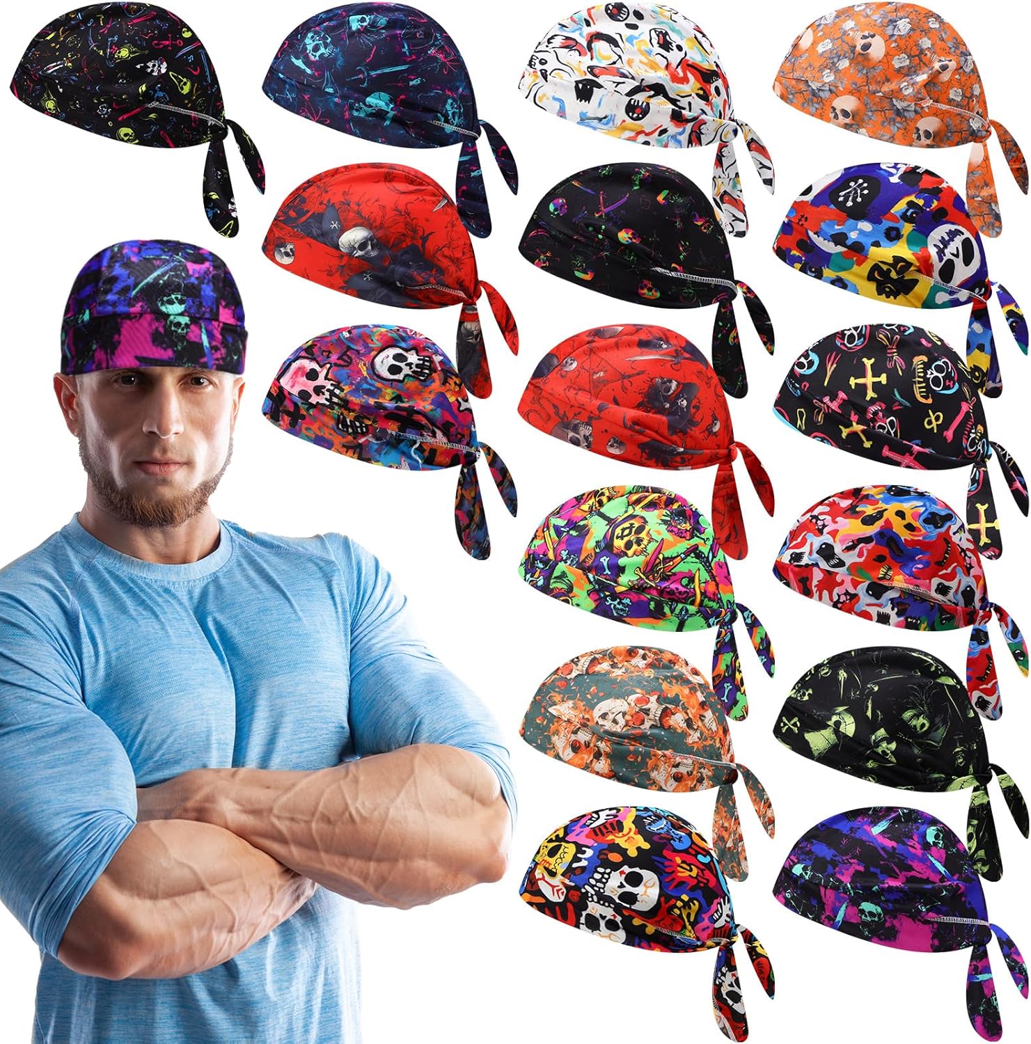 JaGely 16 Pack Skull Caps Beanie Satin Bandana Oversized Helmet Liner Wicking Cooling Rag Head Wraps for Cycling Motorcycle