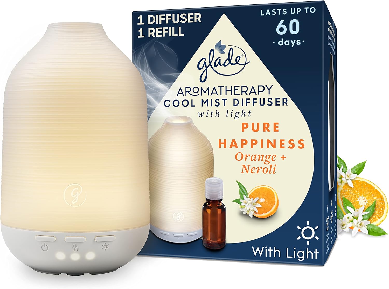 Glade Essential Oil Diffuser Holder & Refill, Cool Mist Aromatherapy Diffuser & Air Freshener for Home, Pure Happiness with Orange + Neroli, 1 Holder + 17.4ml Refill