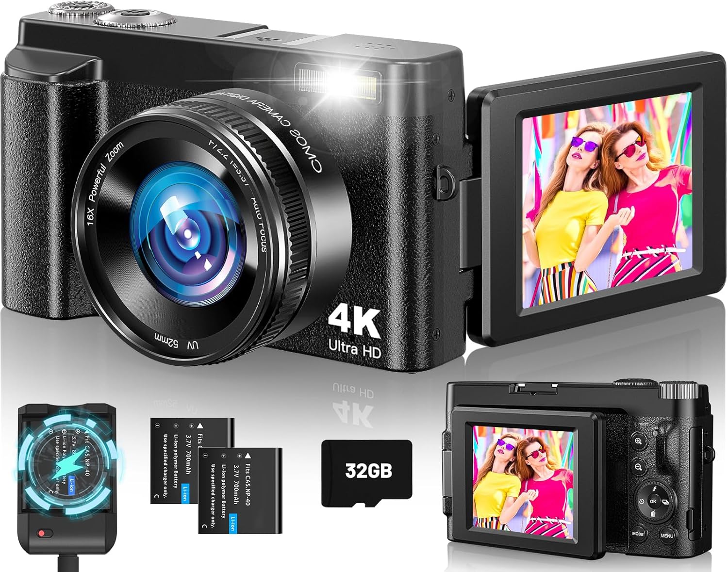 4K Digital Camera for Photography, Autofocus 48MP Vlogging Camera with Flash, 3" 180° Flip Screen, 16X Zoom, 32GB Card and Battery Charger, Point and Shoot YouTube Camera for Teens, Adults, Beginners