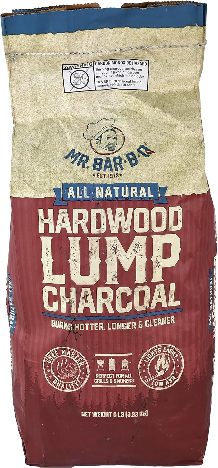 8 LB. All Natural Hardwood Lump Charcoal, Burns Hotter, Longer & Cleaner, Low Ash & Easy to Light, Natural Hardwood Lump Charcoal for BBQ, Grilling, Smoking, Kamado and Kettle Grills by Mr. Bar-B-Q