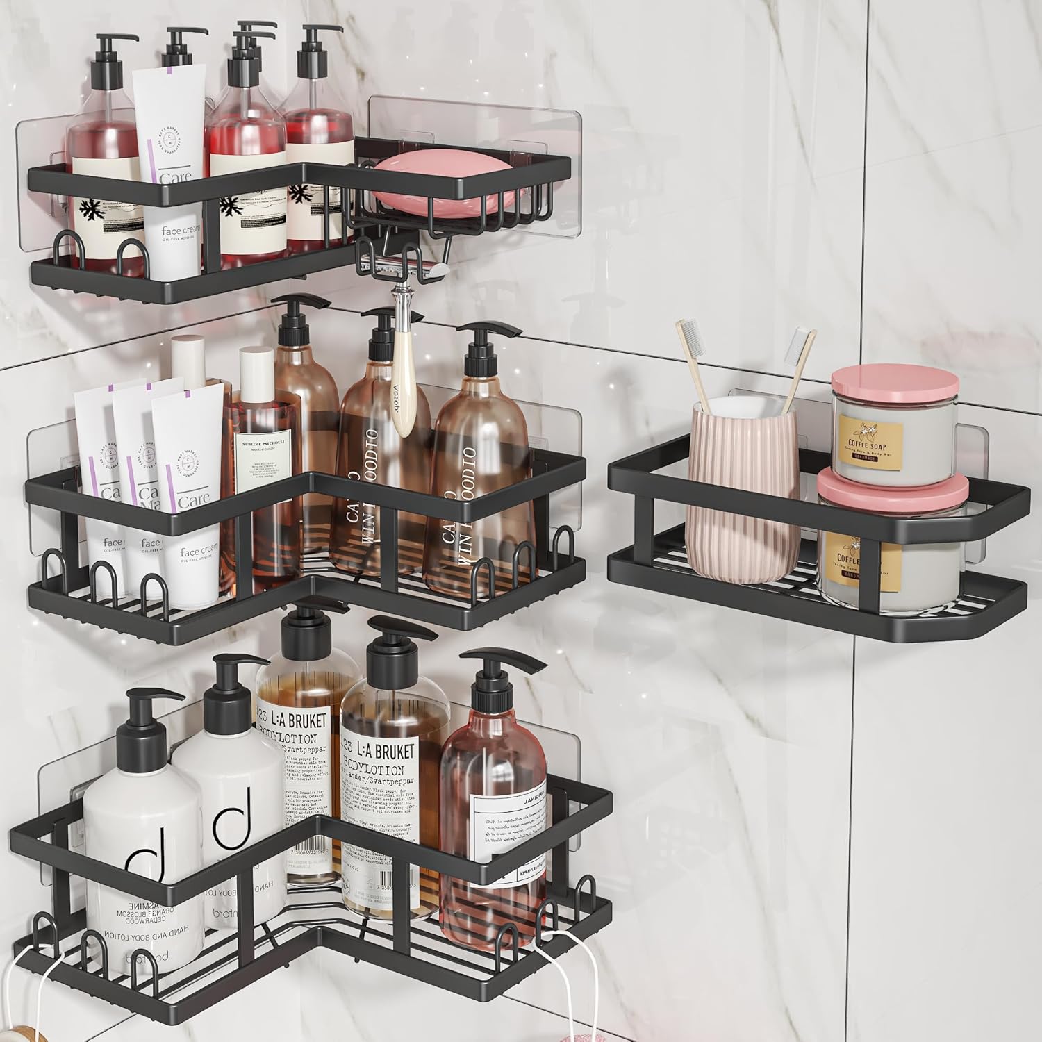 Adhesive Corner Shower Caddy with Soap Holder - Rustproof, No Drilling Shelves Wall Mounted, Organizer for Bathroom, Kitchen & Home Decor. Black, 4-Pack