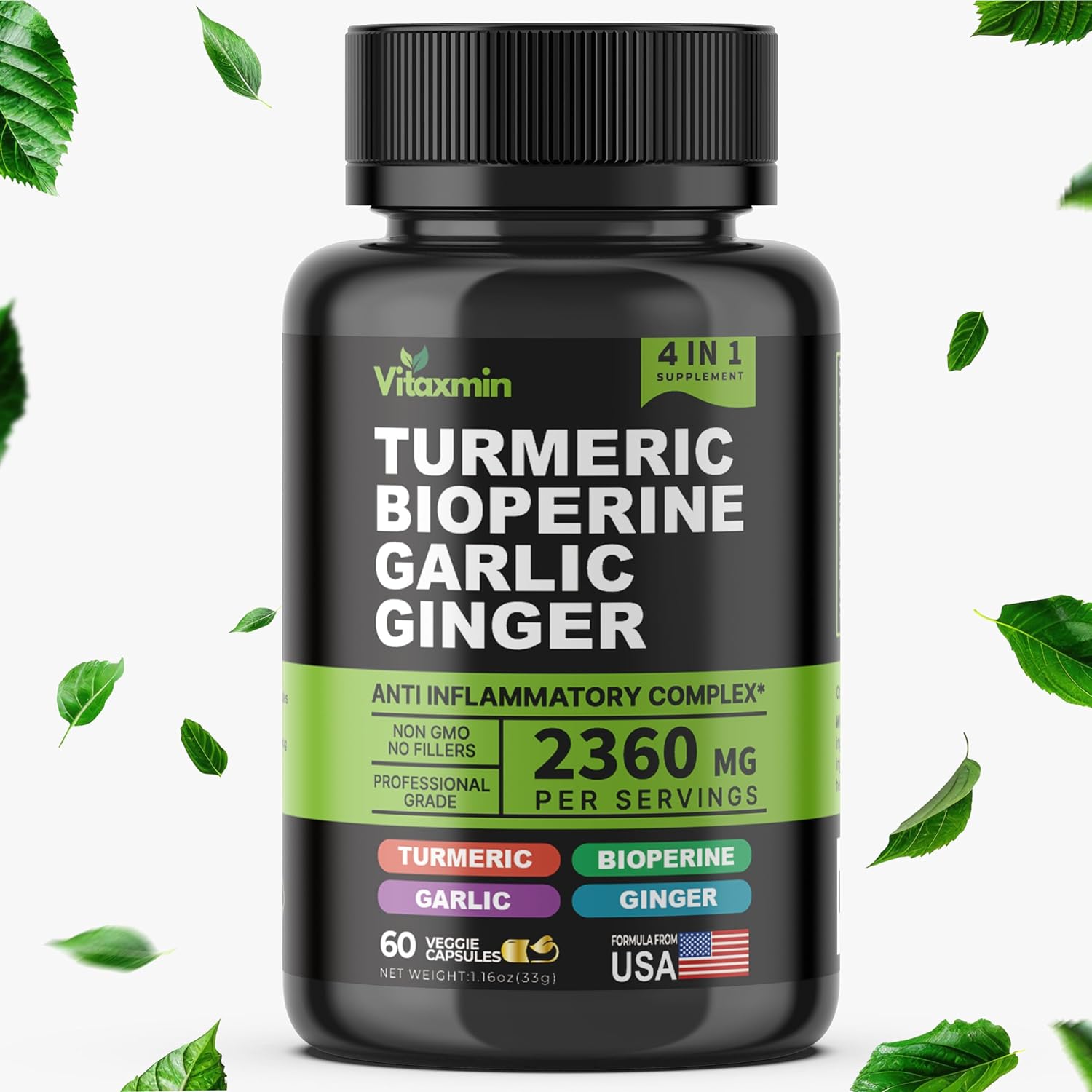 Turmeric Curcumin Supplement with BioPerine & Garlic - 2360mg High Potency Turmeric Ginger Root Capsules for Joint Support, Immune Health & Anti Inflammatory - 60 Veggie Caps