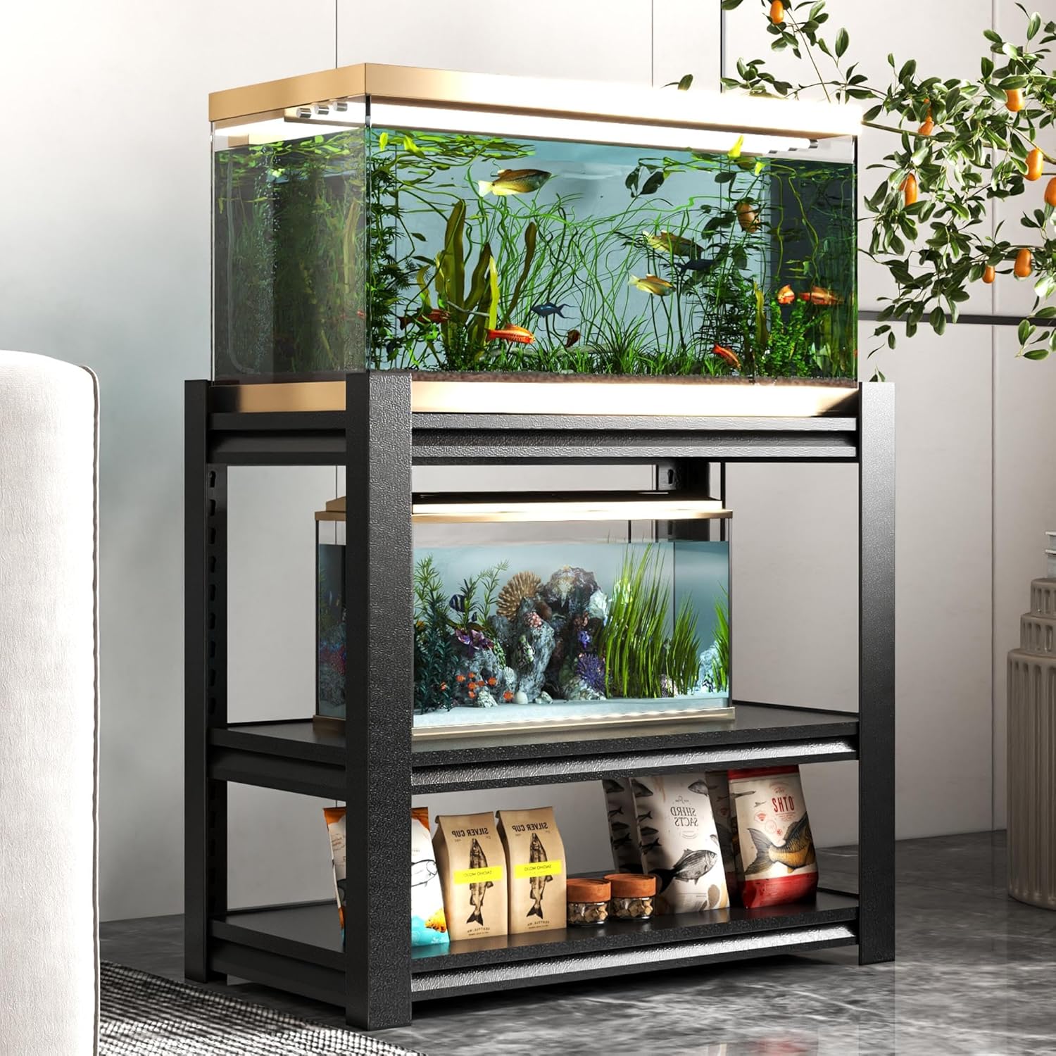 INMOZATA Adjustable 3 Tiers Fish Tank Stand 40-50 Gallon Metal Aquarium Stand for Fish Tank Accessories Storage fits Aquarium, Turtle Tank, Reptile Terrariums, 660LBS Capacity, Black