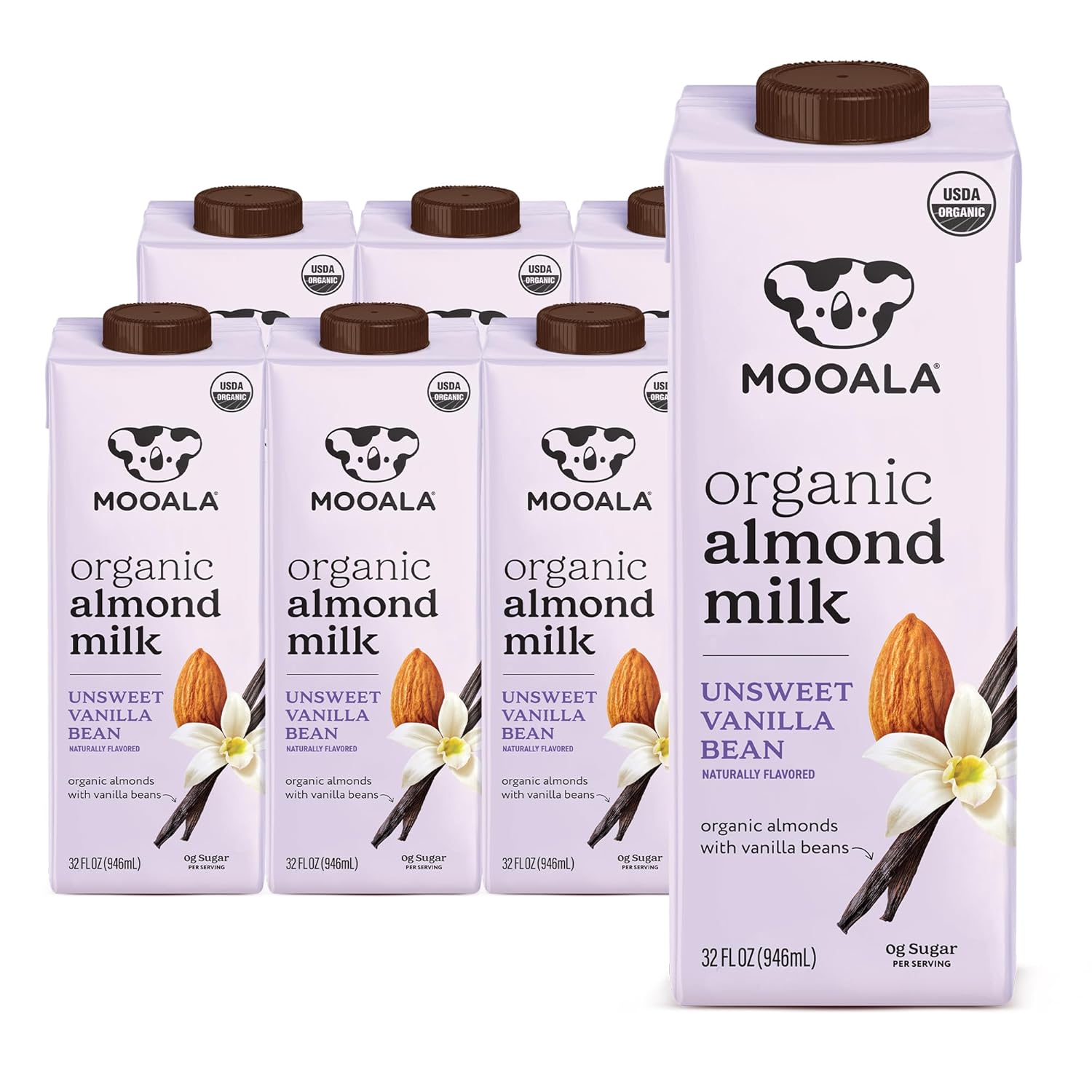 Mooala Organic Vanilla Bean Almond Milk Unsweetened 32 fl oz (Pack of 6) – Shelf-Stable, Lactose Free, Gluten-Free, Vegan, No Added Sugar, Plant-Based Beverage