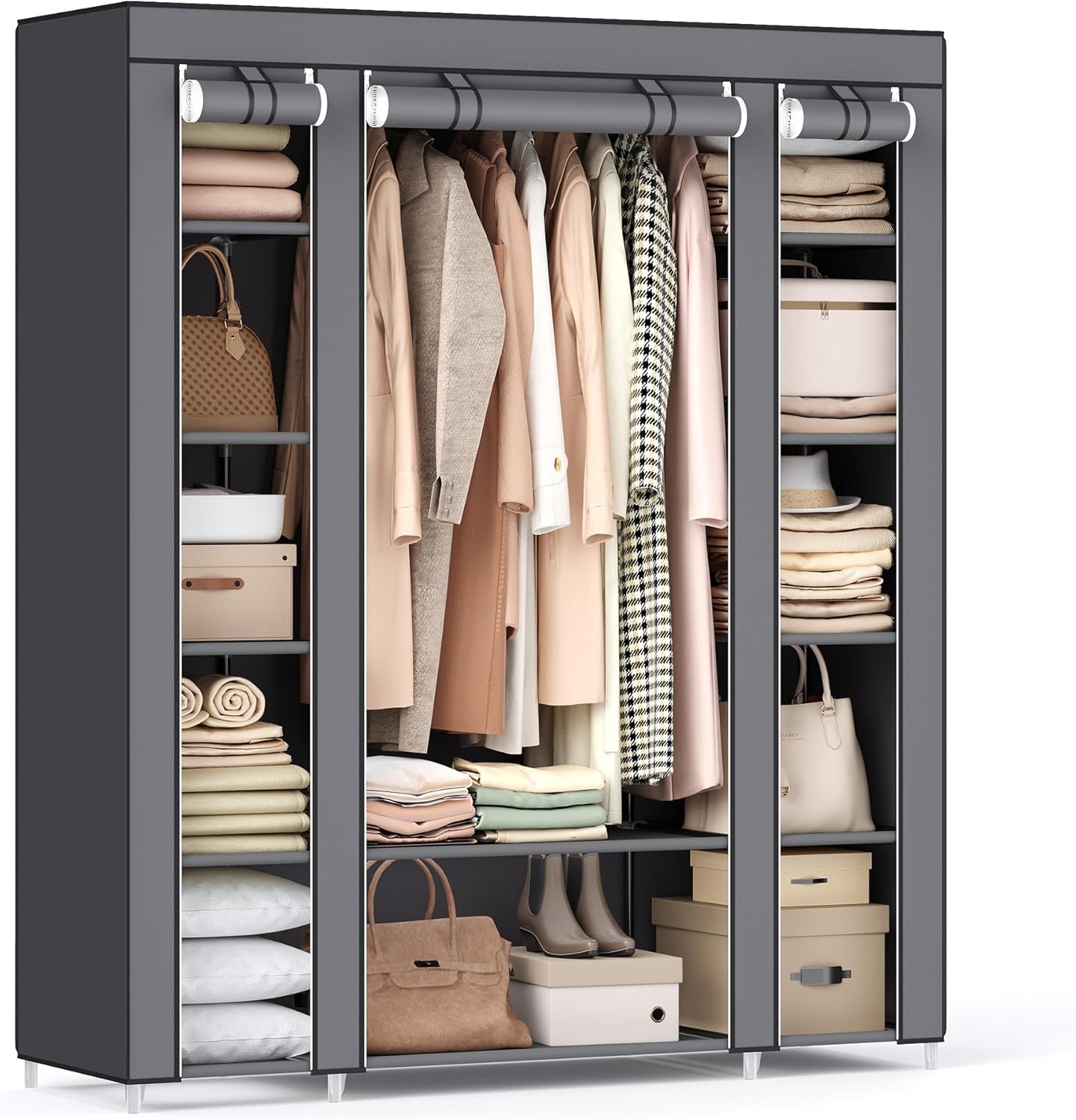 SONGMICS Fabric Wardrobe, Portable Wardrobe for Bedroom, Clothes Rail with Non-Woven Fabric Cover, Clothes Storage Organiser, 45 x 150 x 175 cm, 12 Compartments, Metal Frame, Grey LSF03G