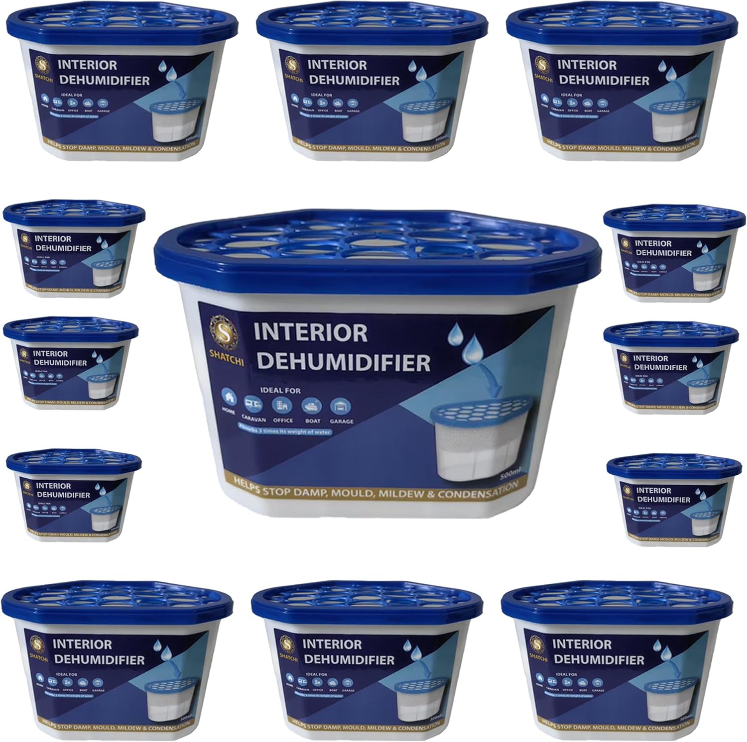 Dehumidifier Tubs 500ml Pack of 10 Moisture Absorber Condensation Remover for Damp, Mould, Moisture in Home, Kitchen, Wardrobe, Bedroom, Caravan, Office, Garage, Bathroom, Blue