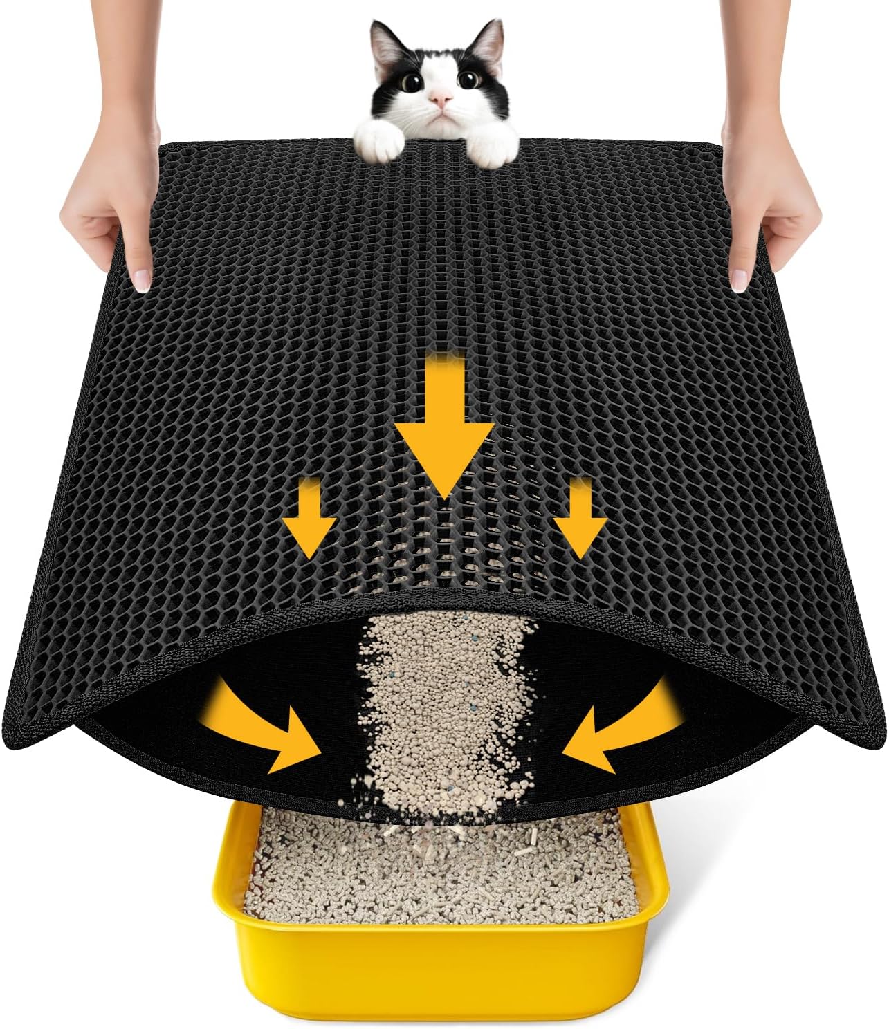 Cat Litter Mat Compact Size 23.6"x14.6" for Small Spaces, Upgrade Waterproof Leakproof Back Layer, Honeycomb Trapping Mat, Washable, Easy to Clean, Scatter Control Kitty Litter Matt, Black